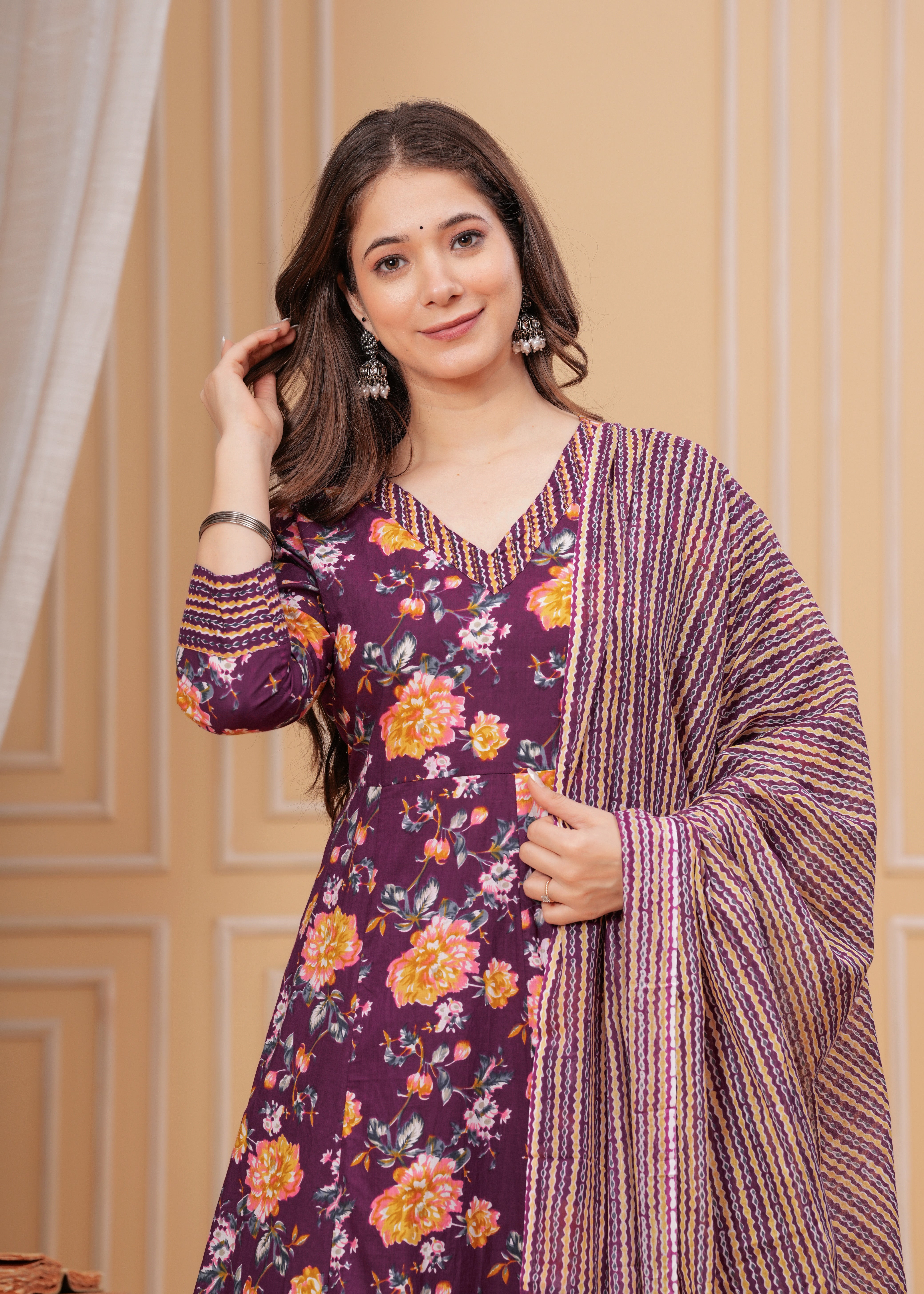 MEERA FAB Women's Pure Cotton V-Neck Anarkali Printed Kurta with Palazzo and Dupatta