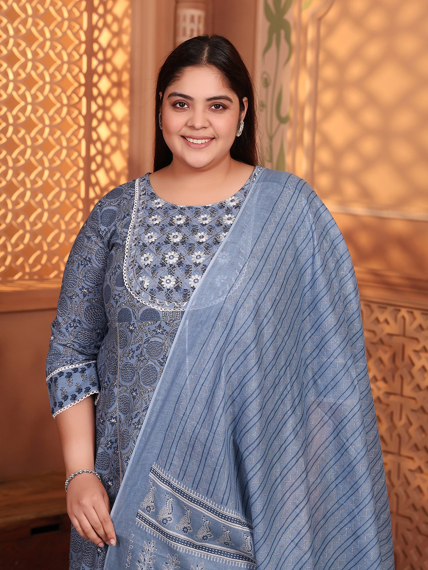 MEERA FAB Women's Pure Cotton Printed Anarkali Handwork Kurta with Palazzos & Dupatta