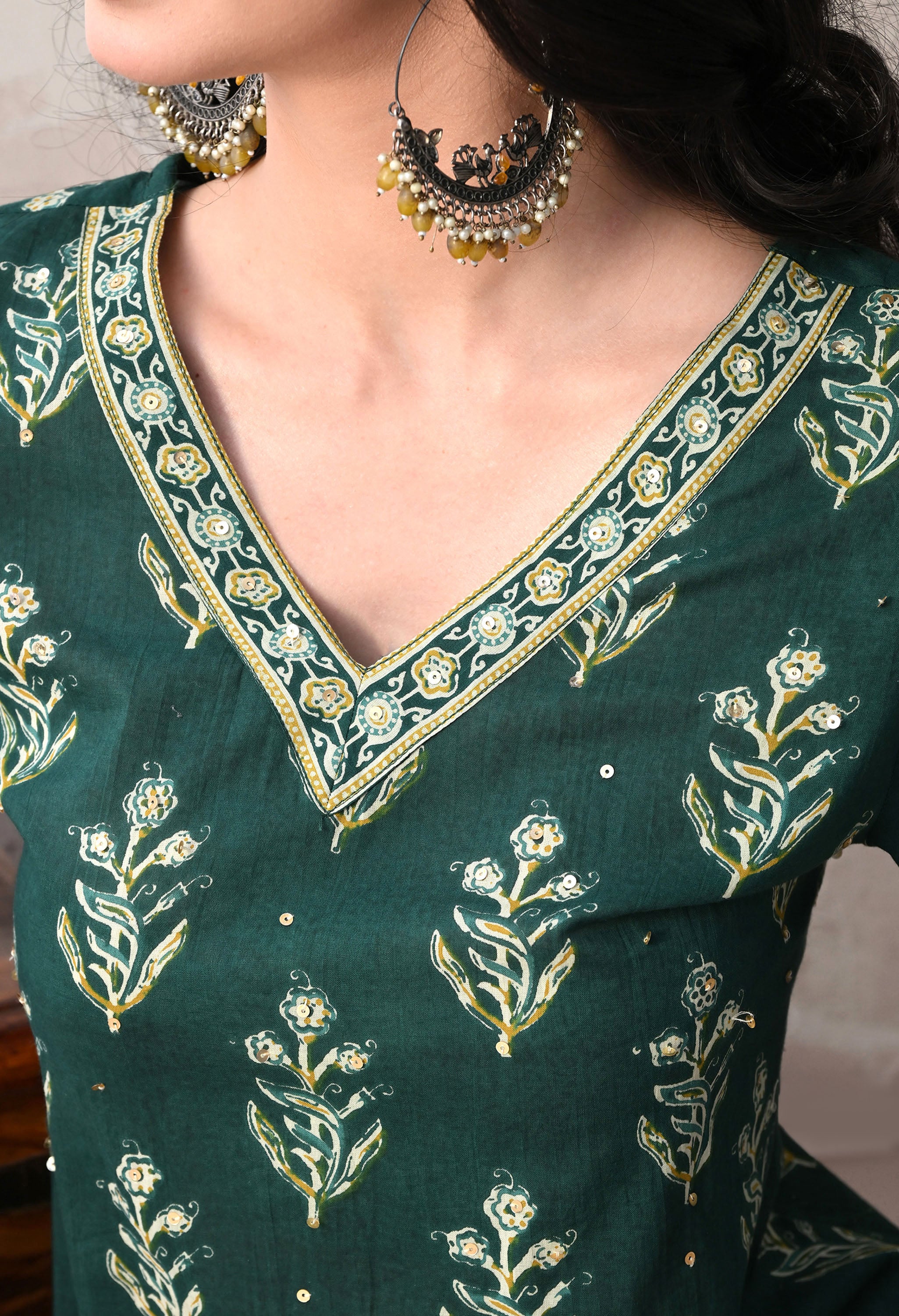 MEERA FAB Women Floral Printed Sequined Cotton Straight Kurta With Palazzos & Dupatta | Sanganeri Print