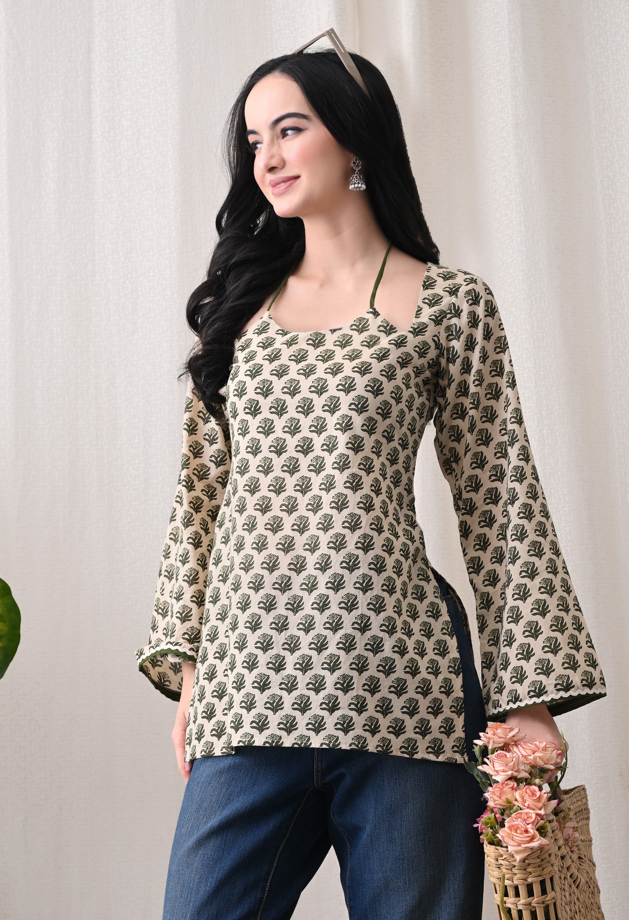 MEERA FAB Women Cotton Printed A-Line Tunic Top with Square Neck | Floral Printed Halter Strap Detail & Bell Sleeves | Short Kurti for Women