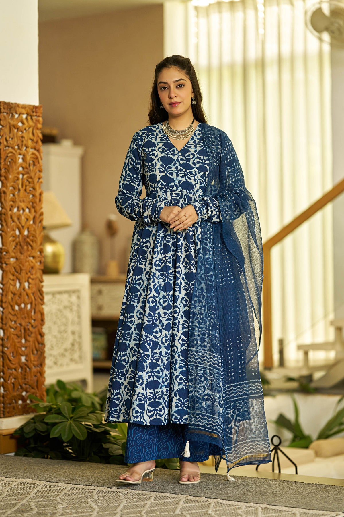 MEERA FAB Women Blue Printed Regular Pure Cotton Anarkali Kurta with Palazzos & with Dupatta