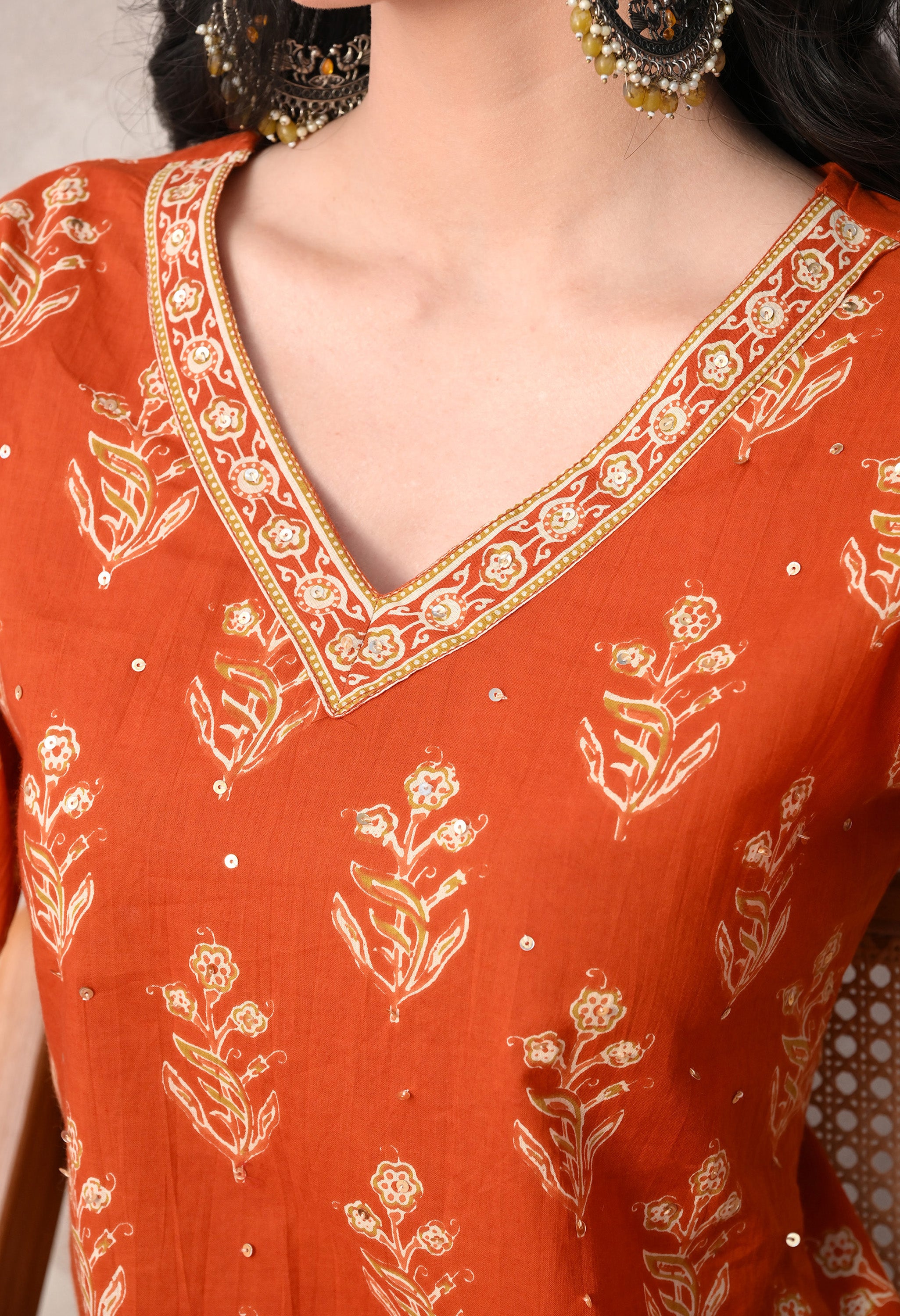 MEERA FAB Women Floral Printed Sequined Cotton Straight Kurta With Palazzos & Dupatta | Sanganeri Print