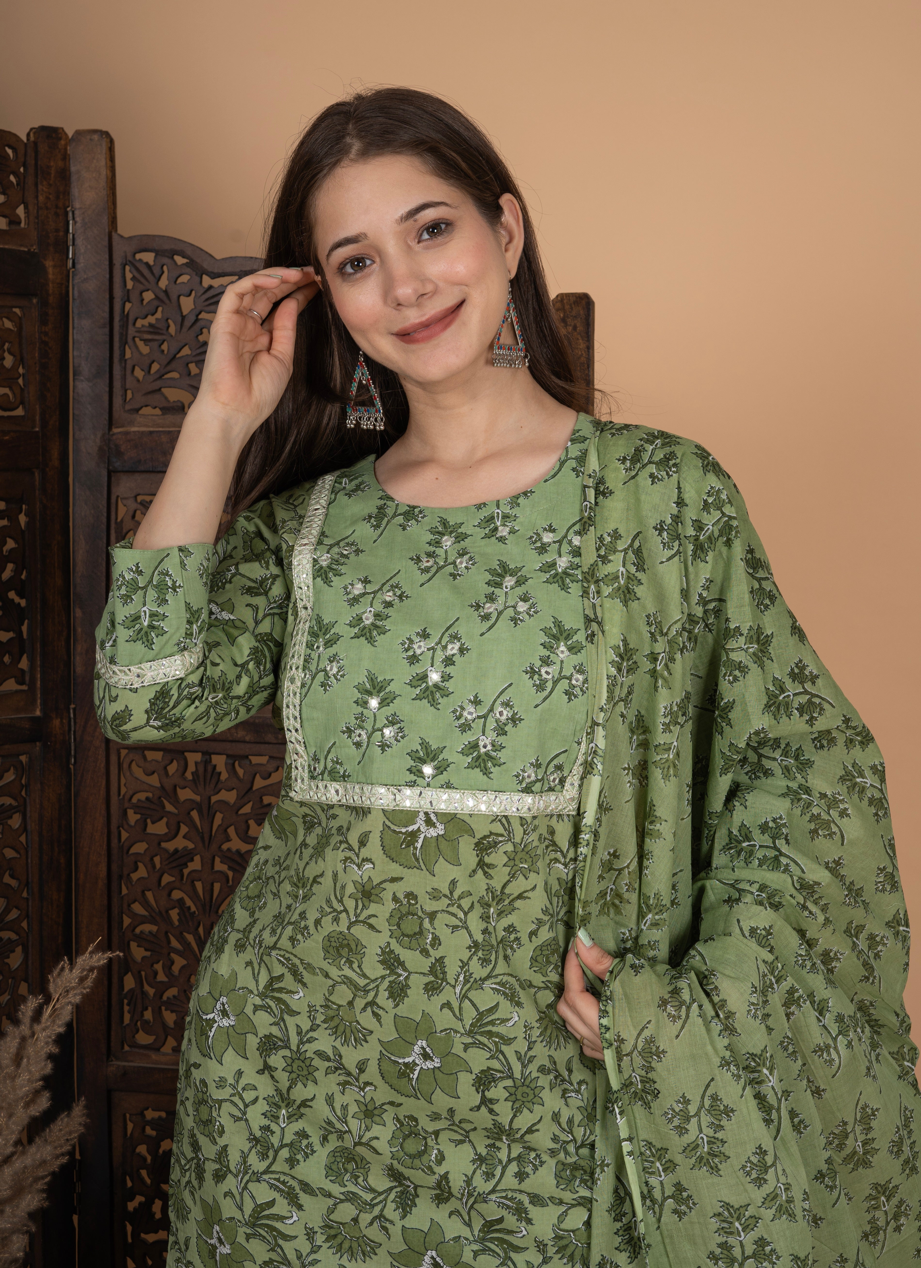 MEERA FAB Women's Cotton Printed Straight Kurta with Palazzo & Dupatta Set with Yoke