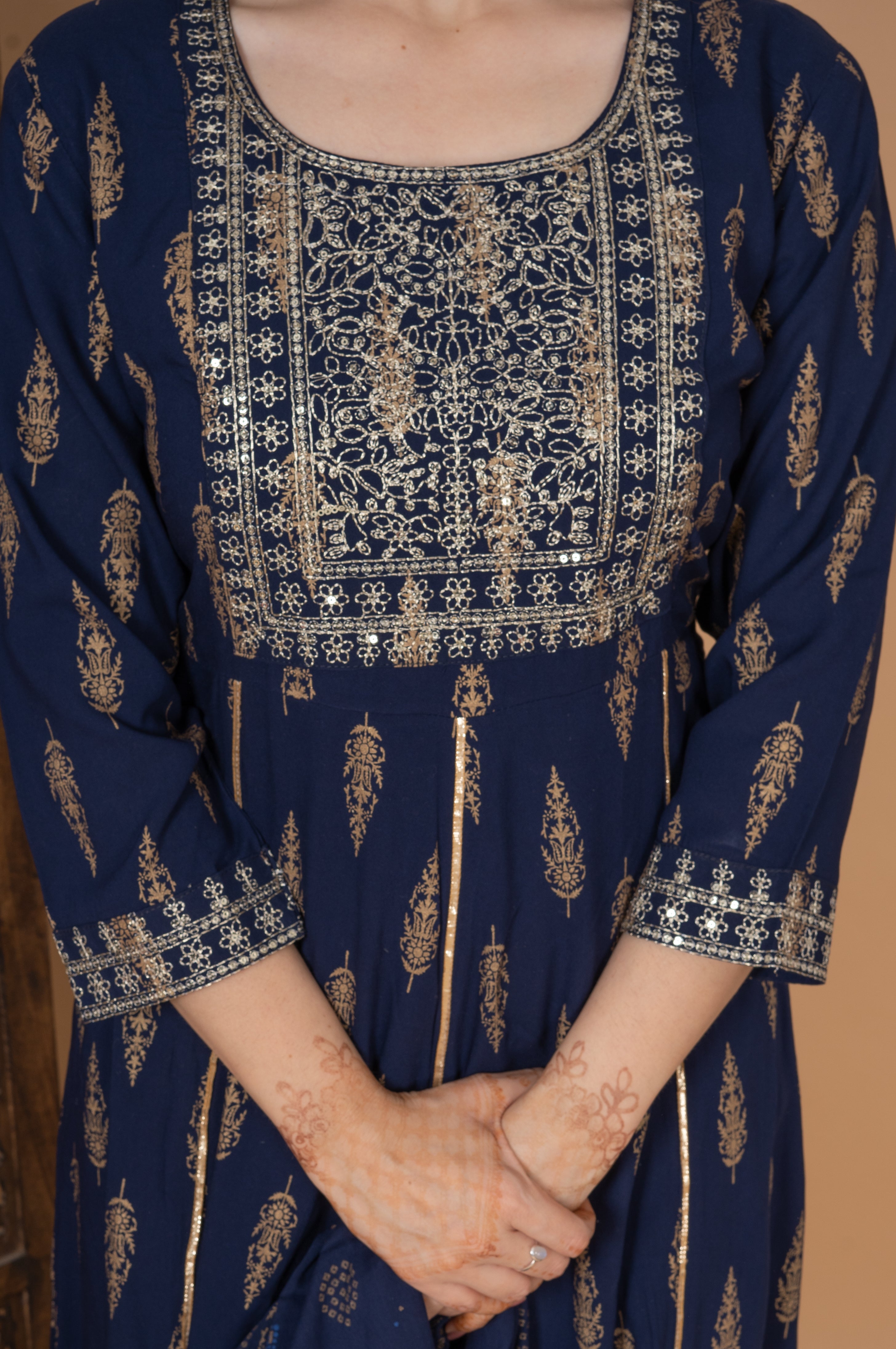 MEERA FAB Women's Rayon Printed Blue Anarkali Kurta with Palazzo & Dupatta Set