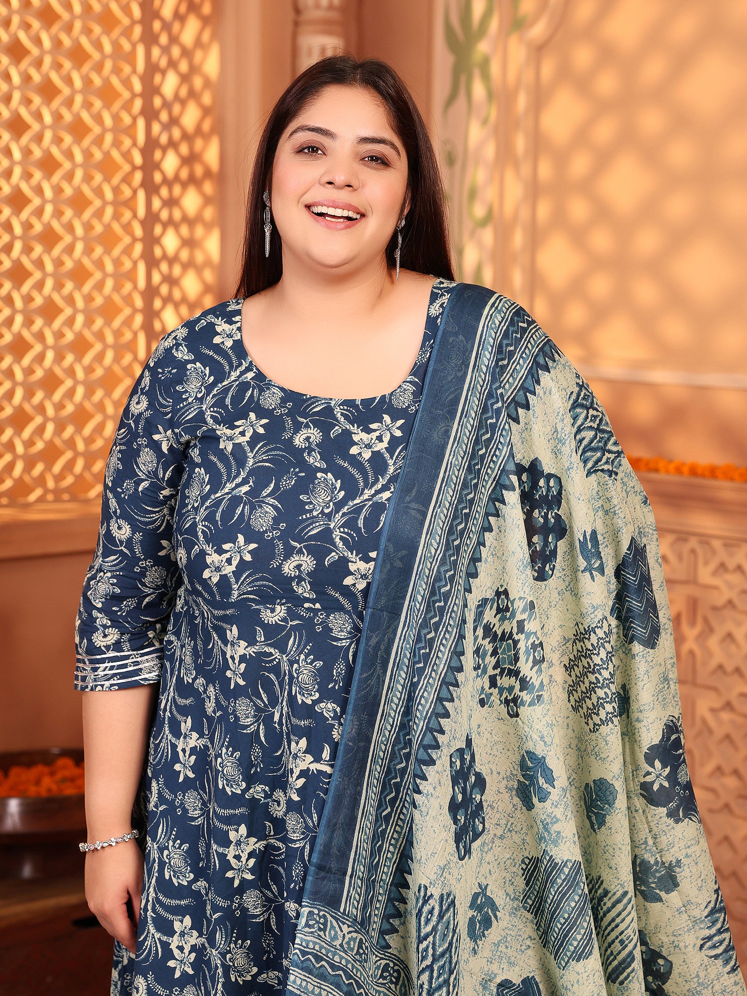 MEERA FAB Plus Size Women's Cotton Printed Anarkali Kurta with Palazzo & Dupatta Set with Dori
