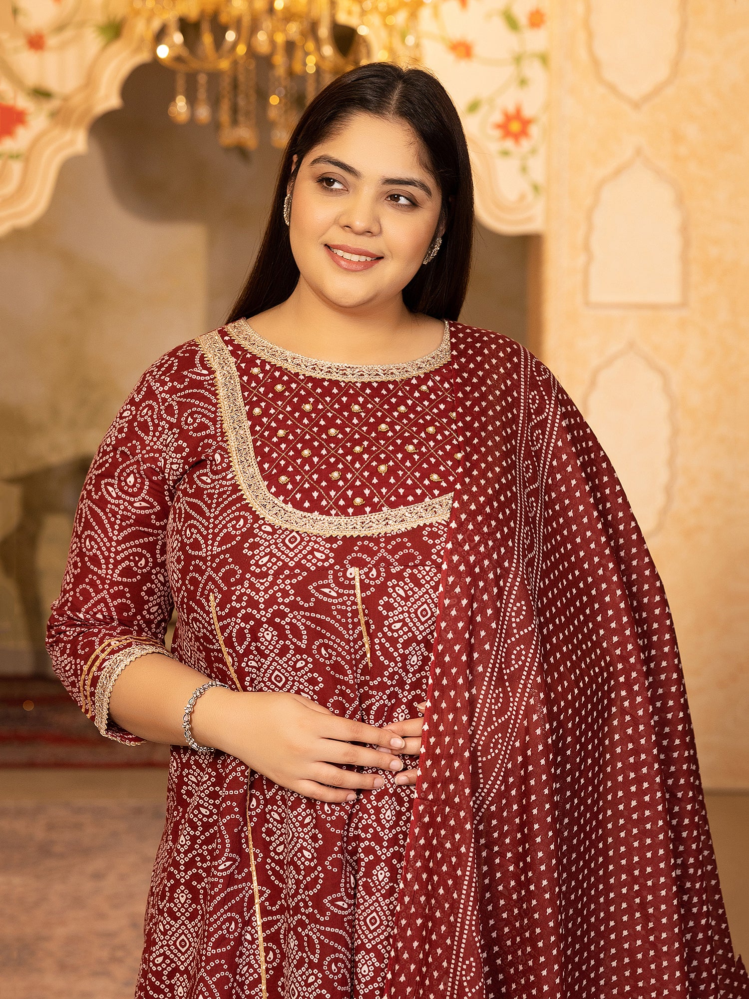 MEERA FAB Plus Size Printed Pure Cotton Anarkali Handwork Kurta with Palazzos & Dupatta