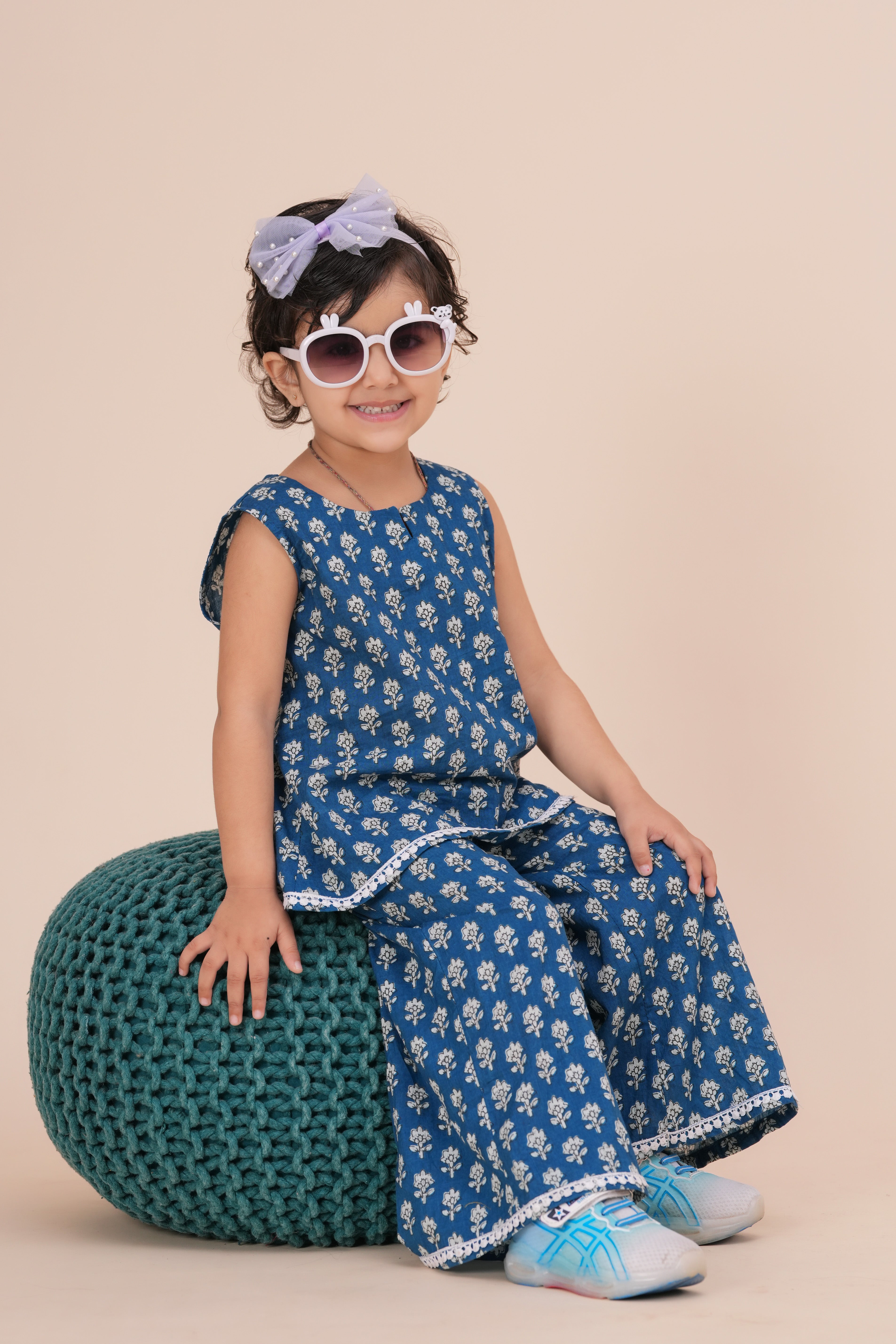 Girls Kids Pure Cotton Sleeveless Top with Palazzo Pant | Printed Co-Ord Set for Girls | Party, Festive,and Casual Wear (Blue)
