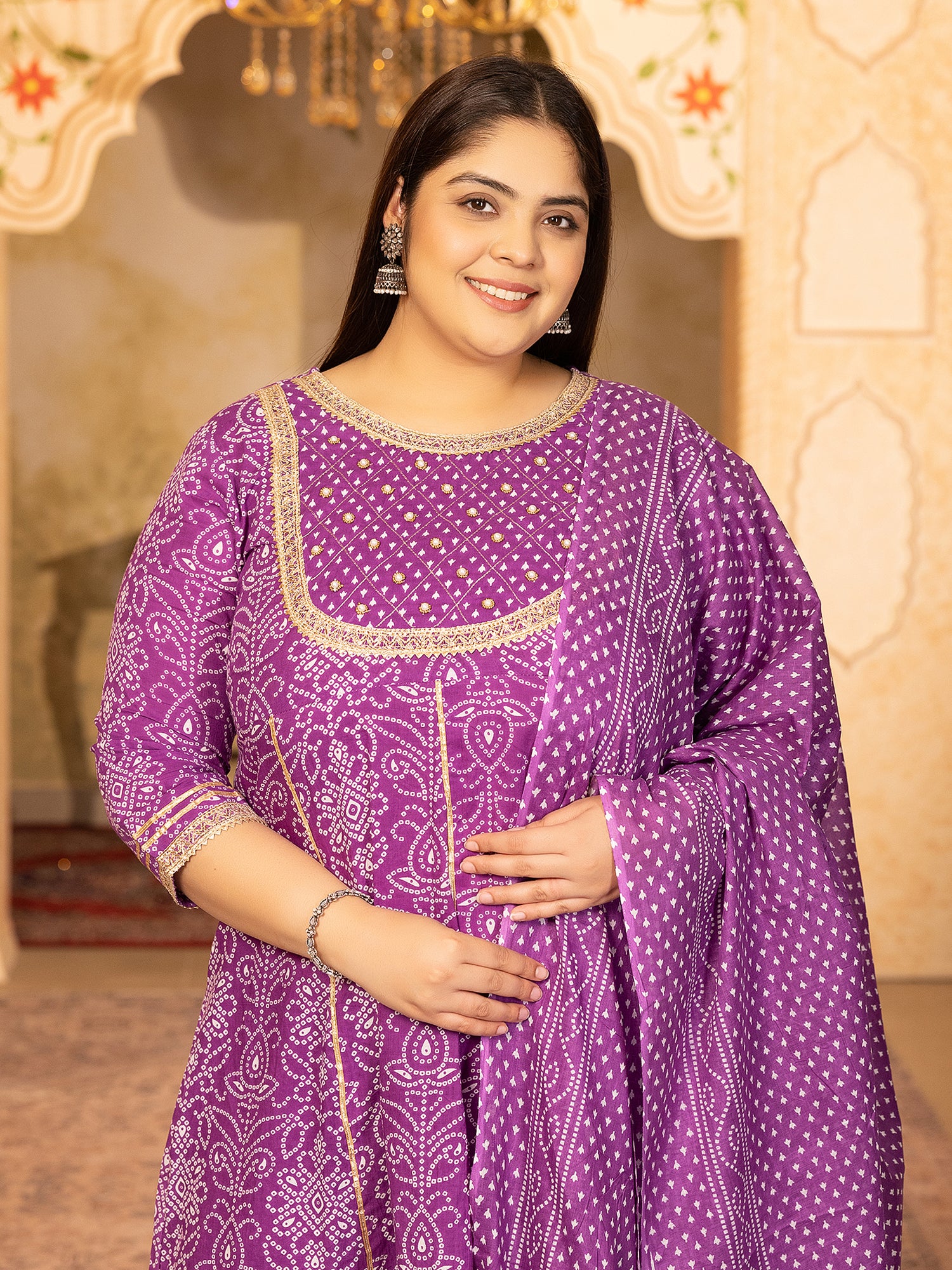 MEERA FAB Plus Size Printed Pure Cotton Anarkali Handwork Kurta with Palazzos & Dupatta