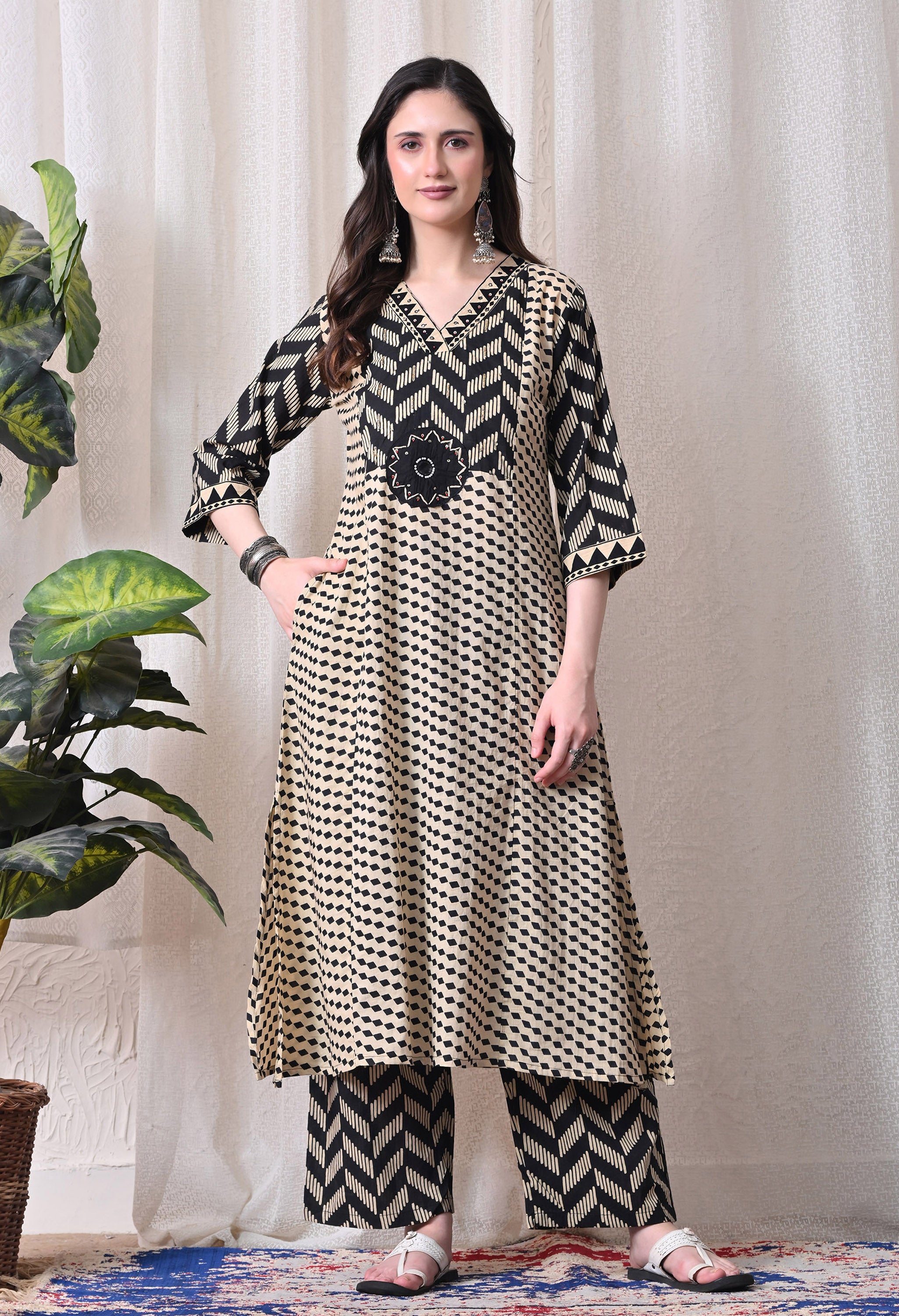 MEERA FAB Women Printed Regular Pure Cotton Straight Embroidery Kurta with Palazzos & with Dupatta