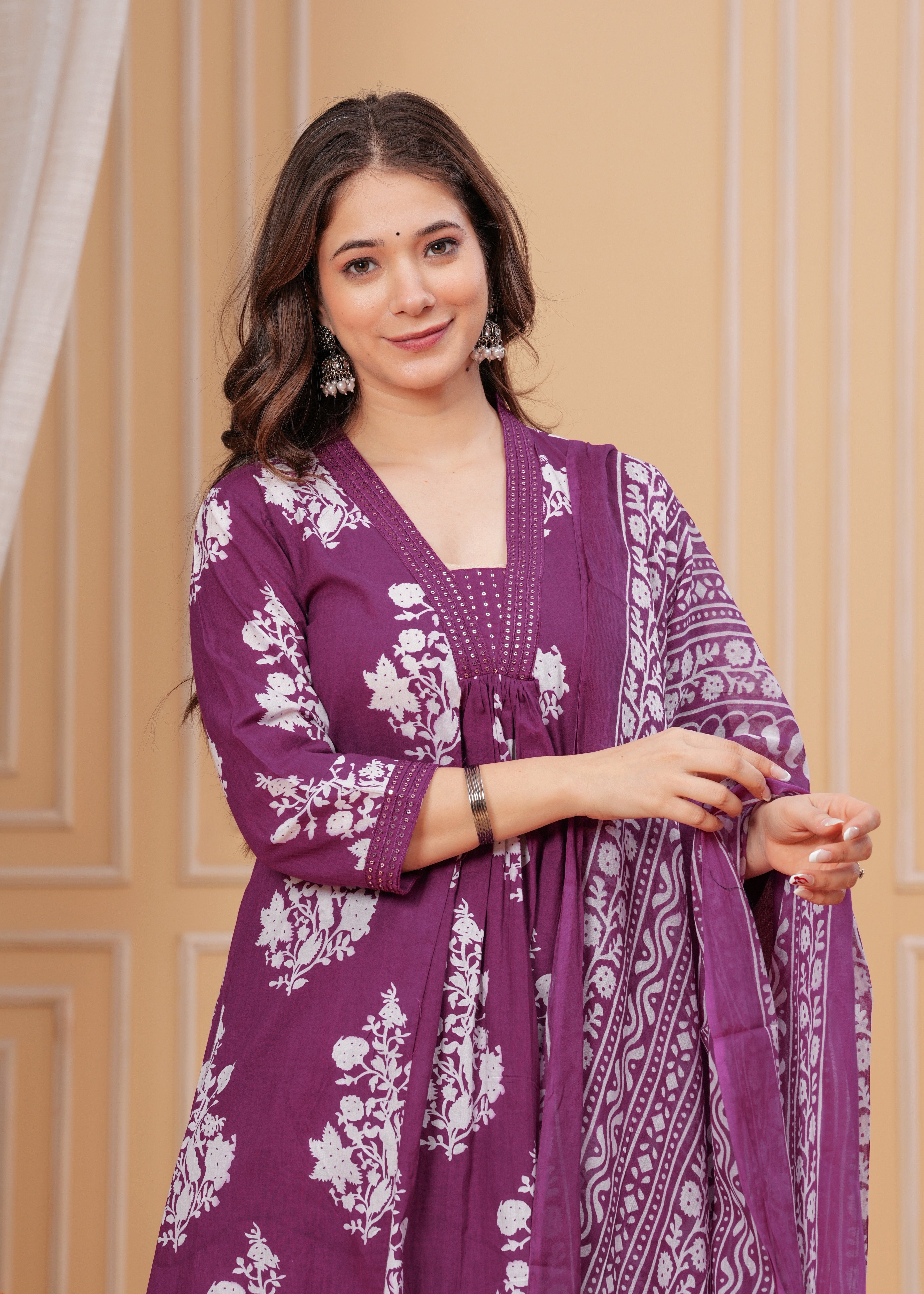 MEERA FAB Women's Cotton Blend V-Neck Anarkali Embrodriery Kurta with Palazzo & Dupatta