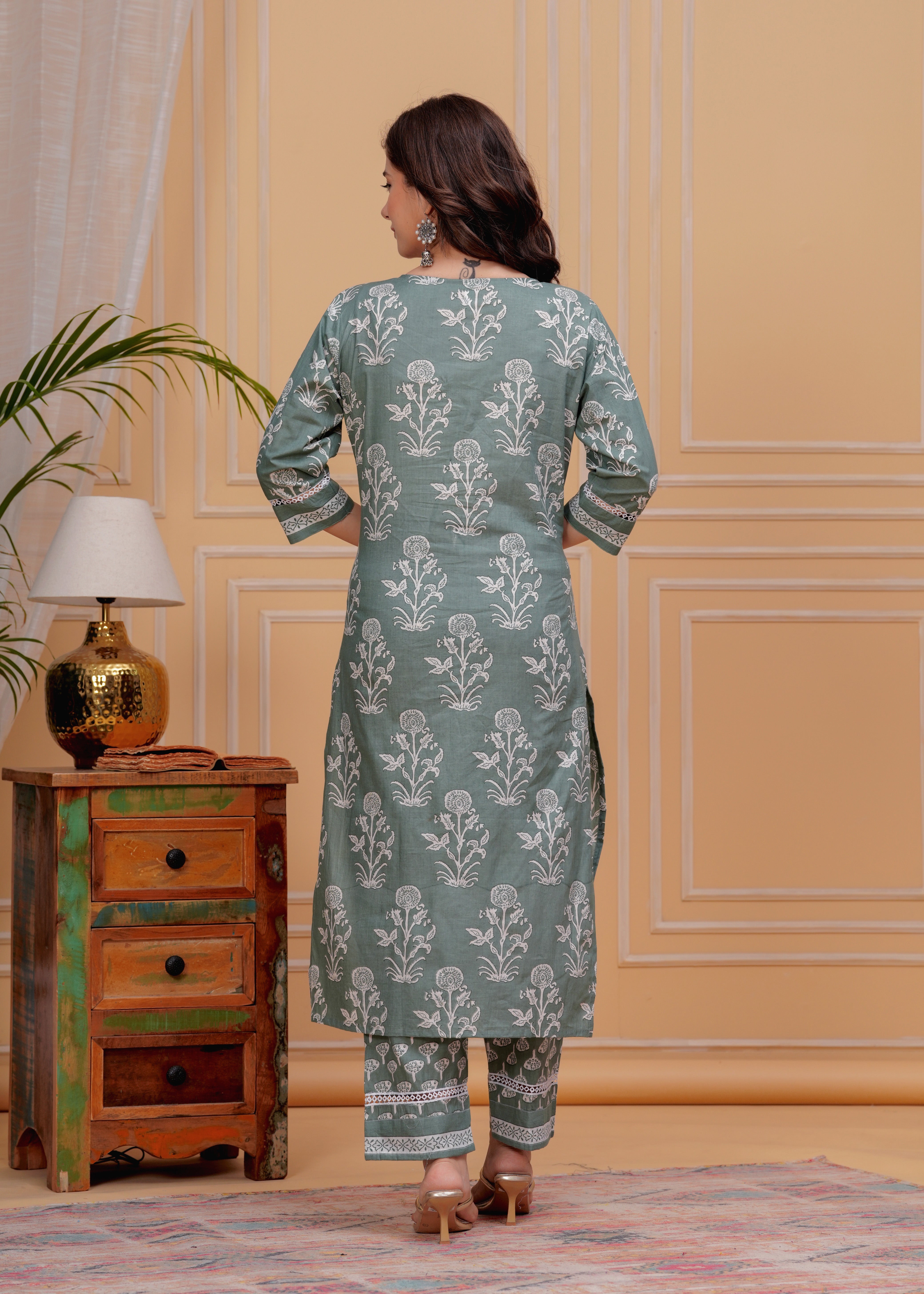 MEERA FAB Women's Cotton Blend Straight Printed Kurta with Palazzo & Dupatta