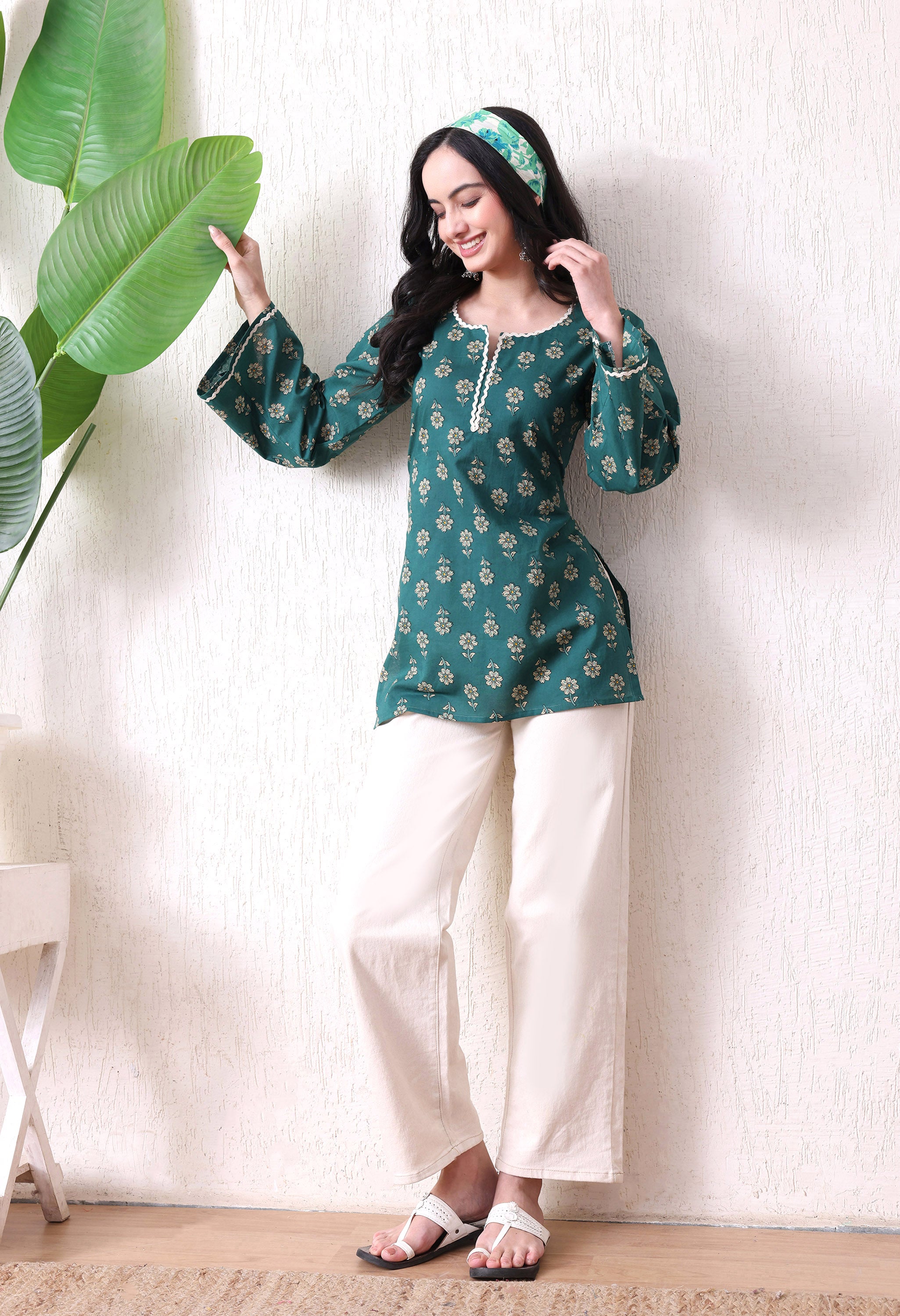 MEERA FAB Women's Floral Printed Cotton Short Kurta | Floral Printed Kurta with Bell Sleeves | Short Kurti for Women