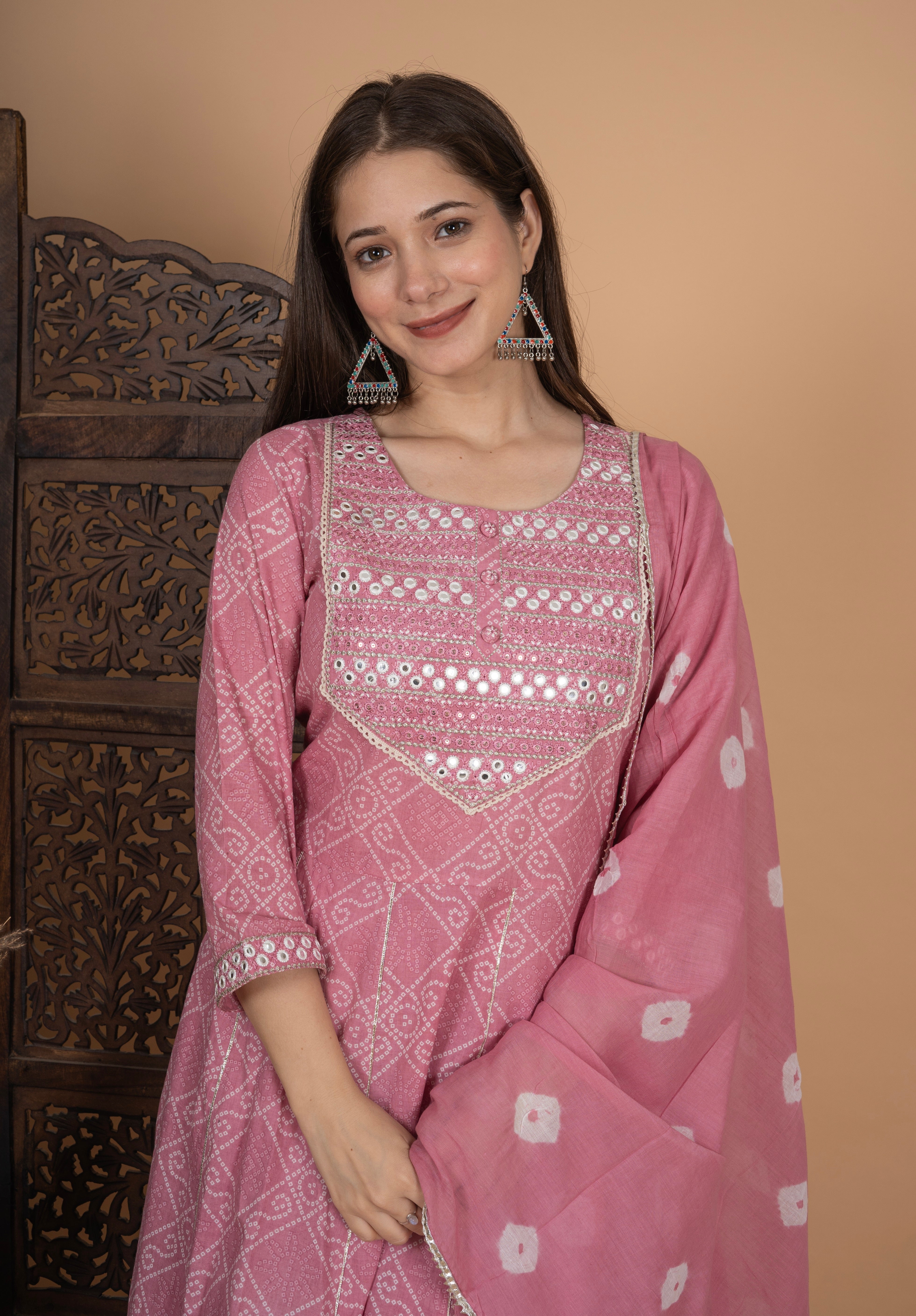 MEERA FAB Women's Cotton Printed Pink Anarkali Kurta with Palazzo & Dupatta Set