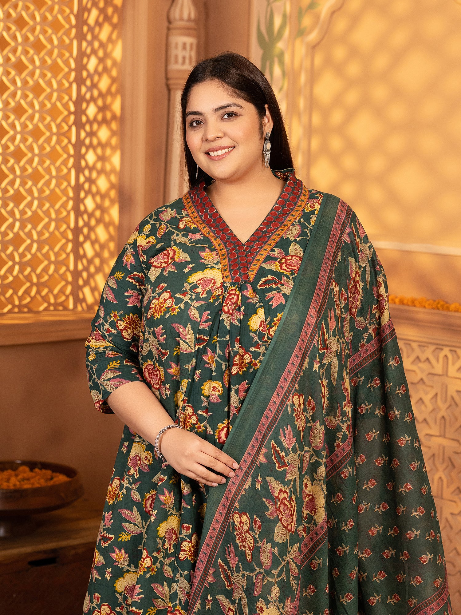 MEERA FAB Women's Cotton Blend V-Neck Plus Size Kurta Printed Kurta with Palazzo & Dupatta Set