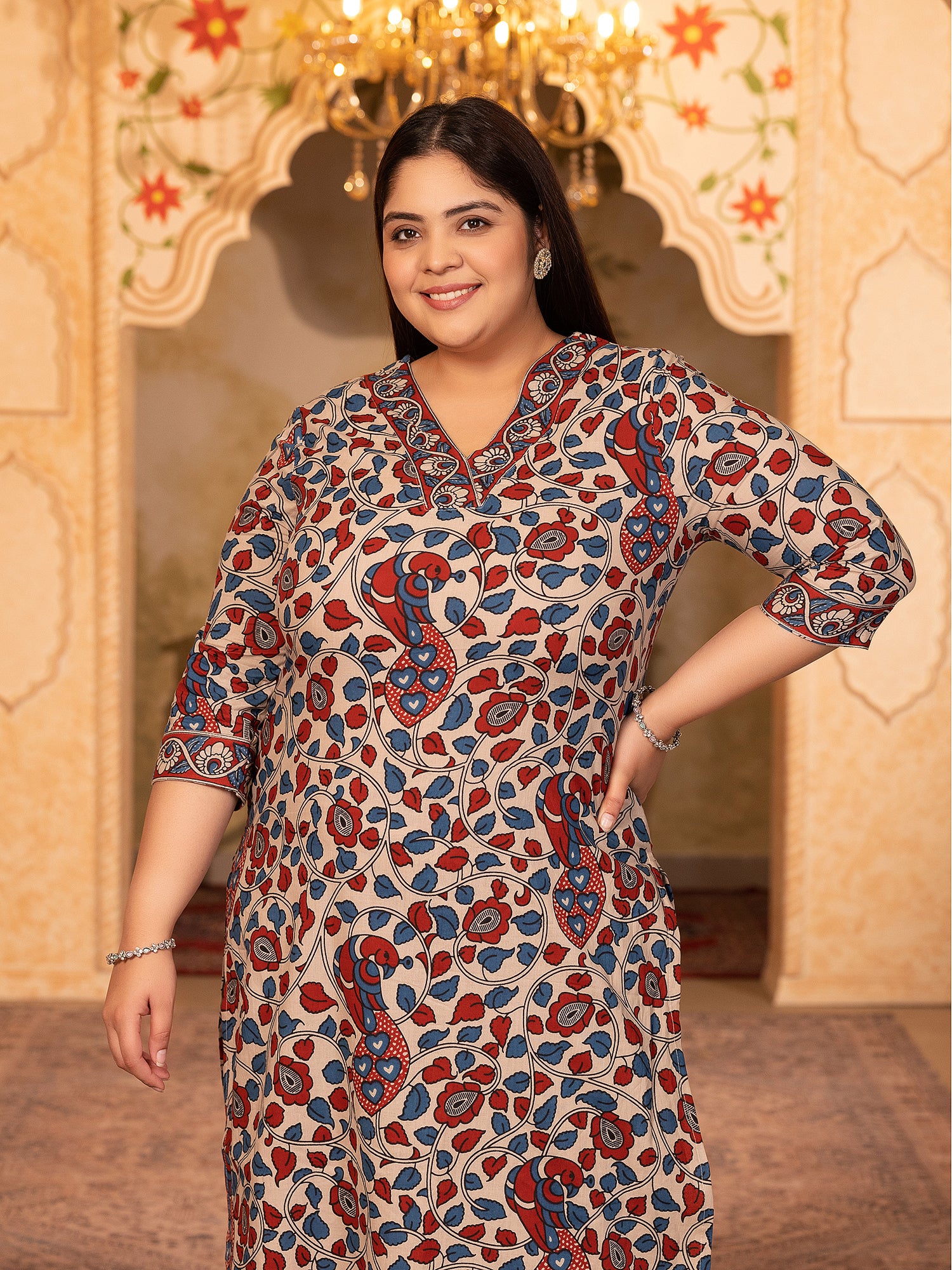 MEERA FAB Women's Pure Cotton Printed Straight V-Neck Kurta With Palazzo