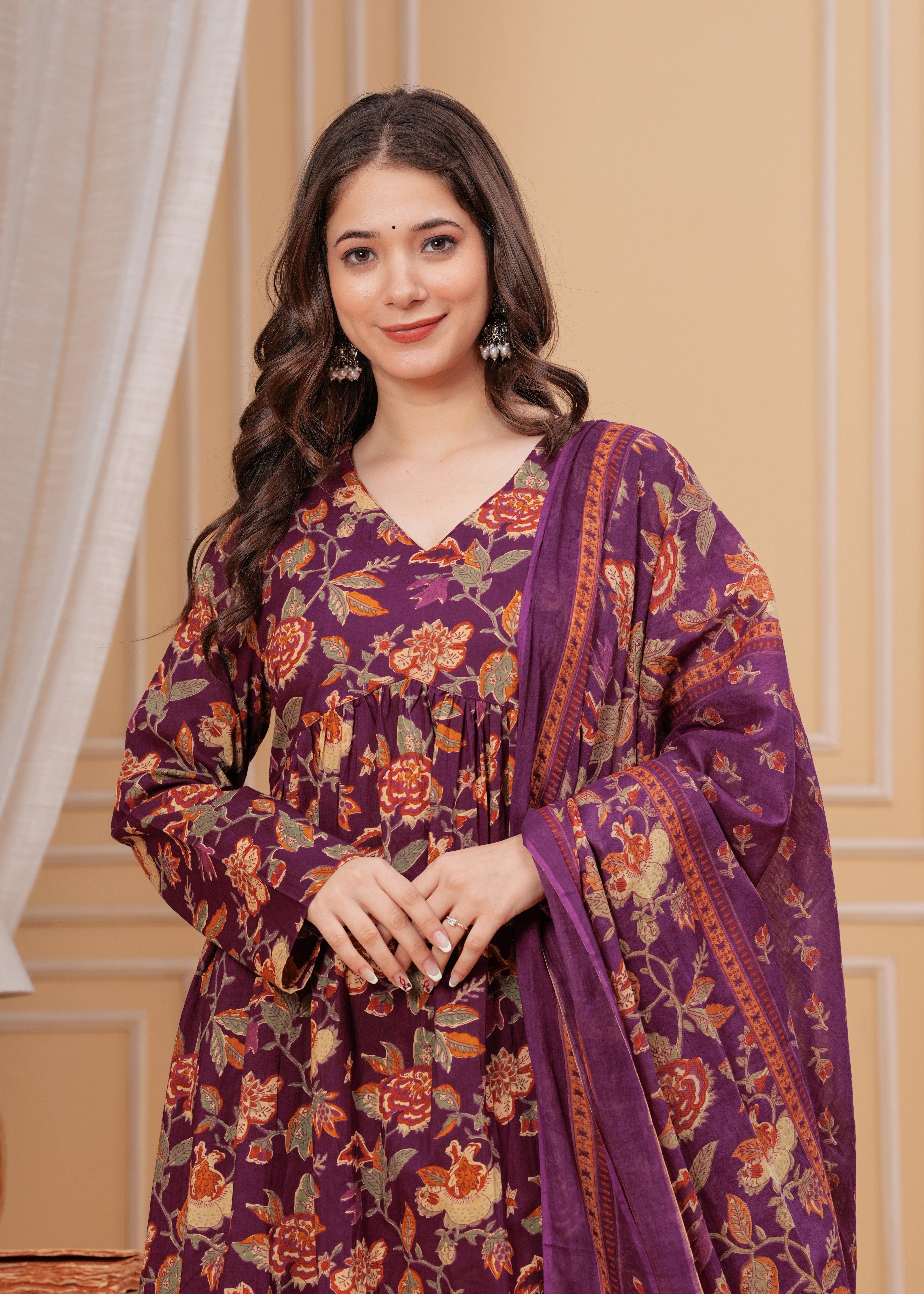 MEERA FAB Women's Cotton Blend V-Neck Anarkali Printed Kurta with Palazzo & Dupatta