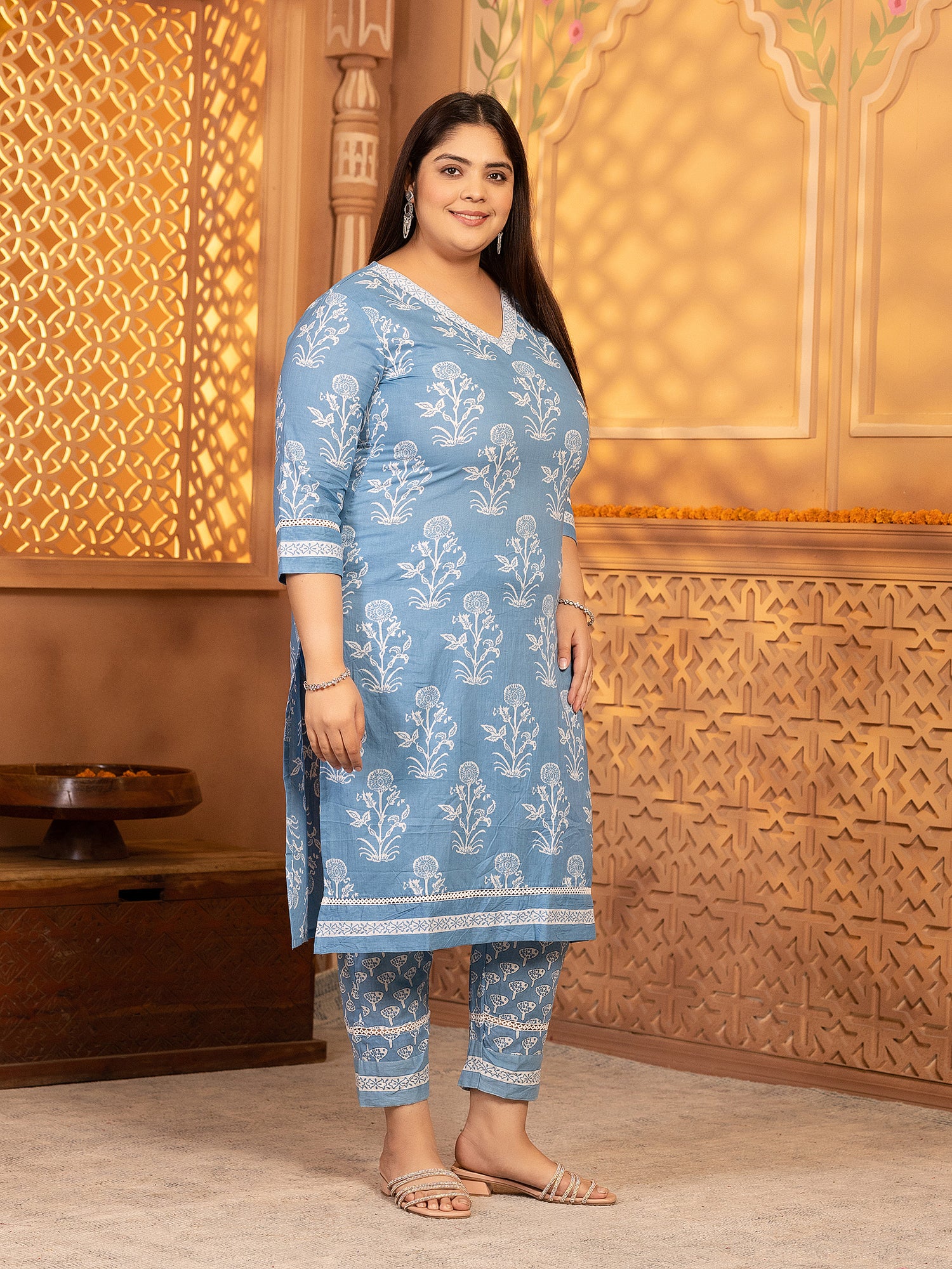 MEERA FAB Plus Size Women's Cotton Blend Straight Printed Kurta with Palazzo & Dupatta