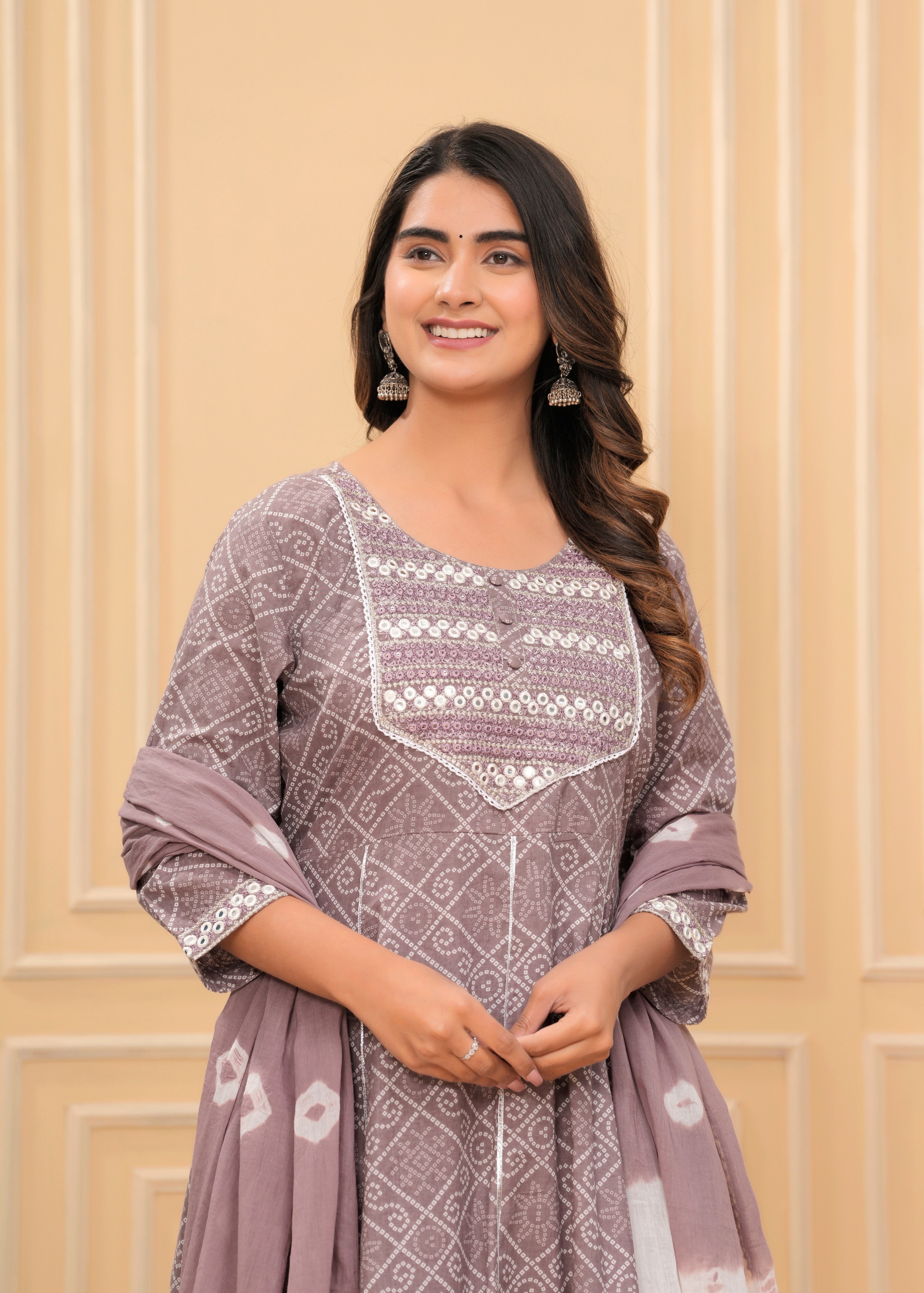 MEERA FAB Women's Cotton Printed Pink Anarkali Kurta with Palazzo & Dupatta Set