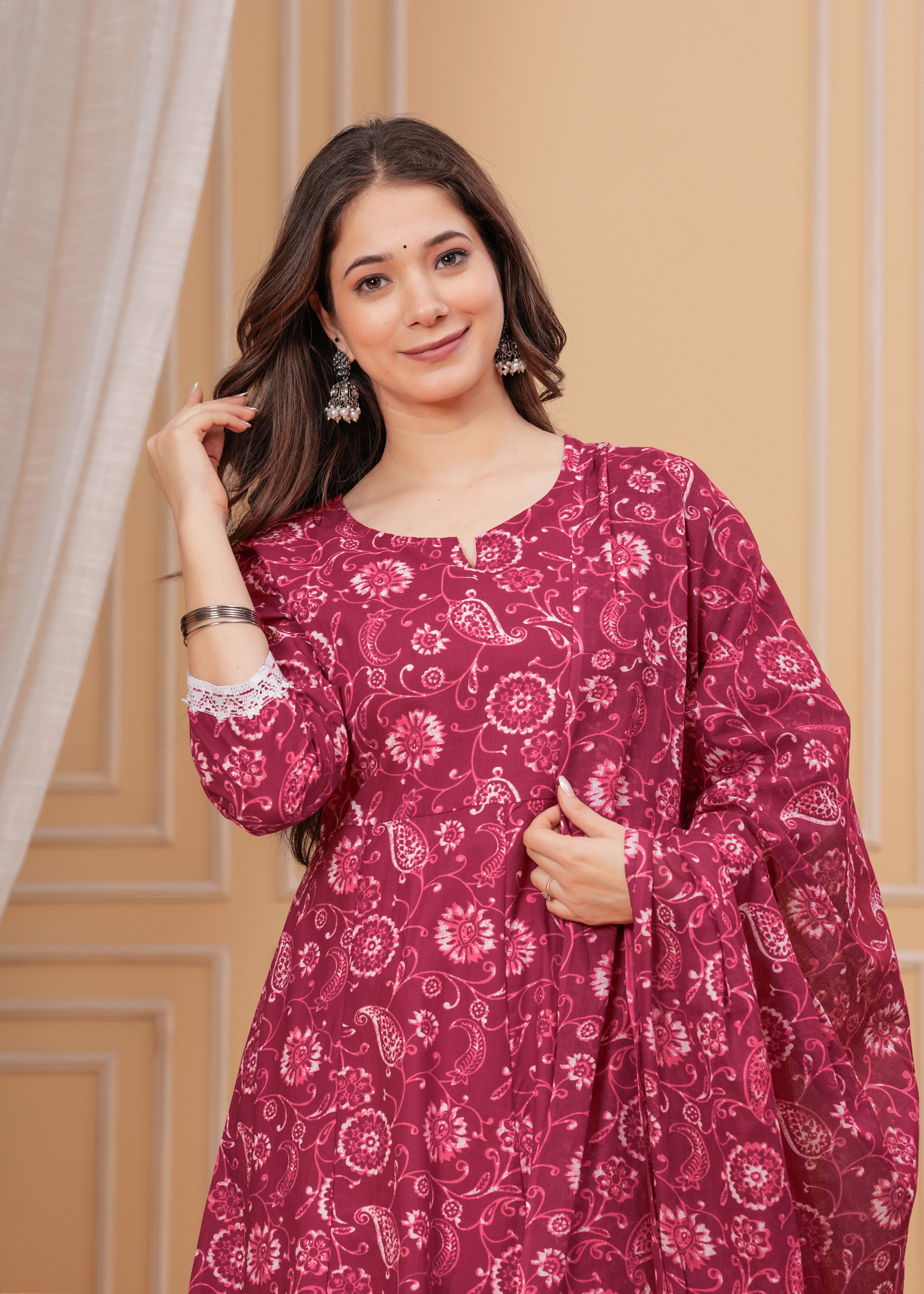 MEERA FAB Women's Cotton Printed Anarkali Kurta with Palazzo & Dupatta Set