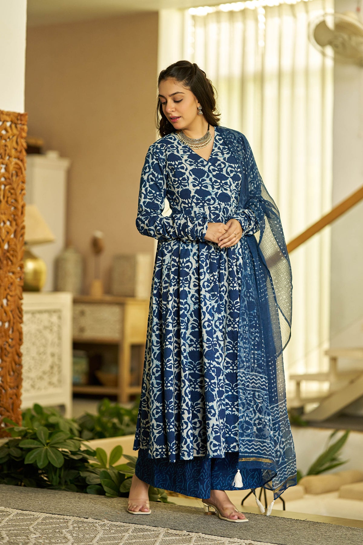 MEERA FAB Women Blue Printed Regular Pure Cotton Anarkali Kurta with Palazzos & with Dupatta