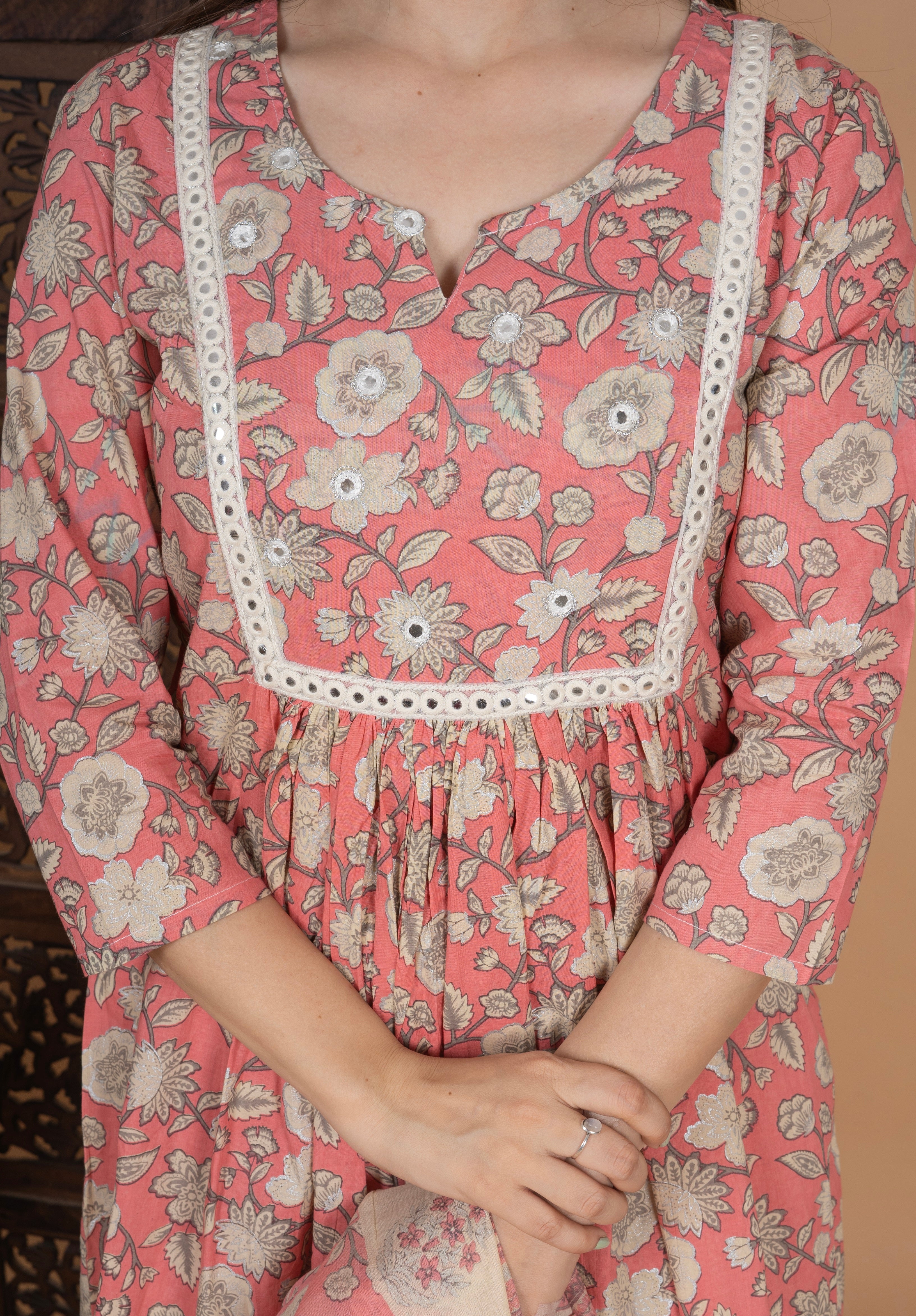 MEERA FAB Women's Cotton Printed Anarkali Kurta With Palazzo & Dupatta Set With Handwork