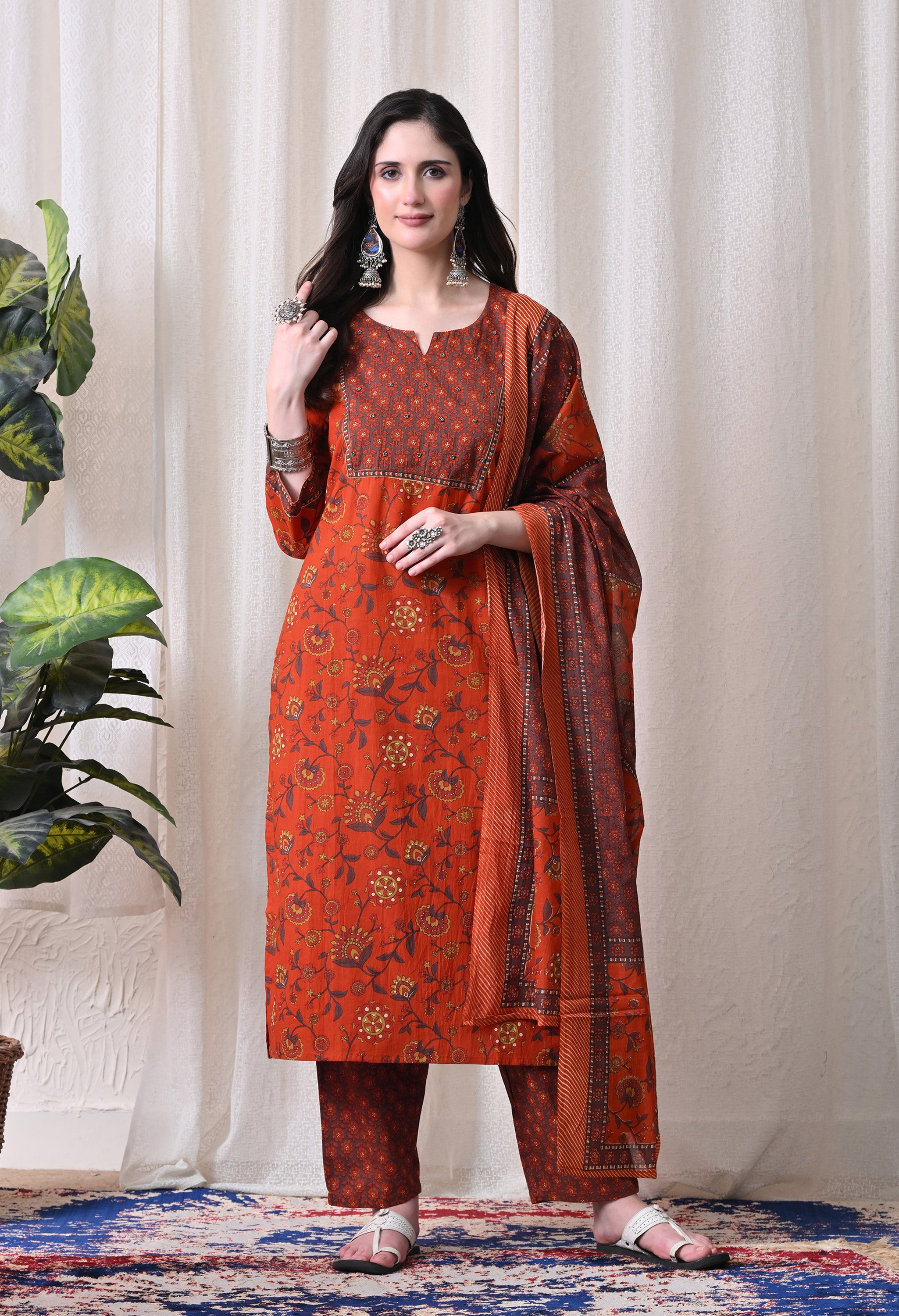 MEERA FAB Women Printed Regular Pure Cotton Straight Handwork Kurta with Palazzos & with Dupatta (Copy)