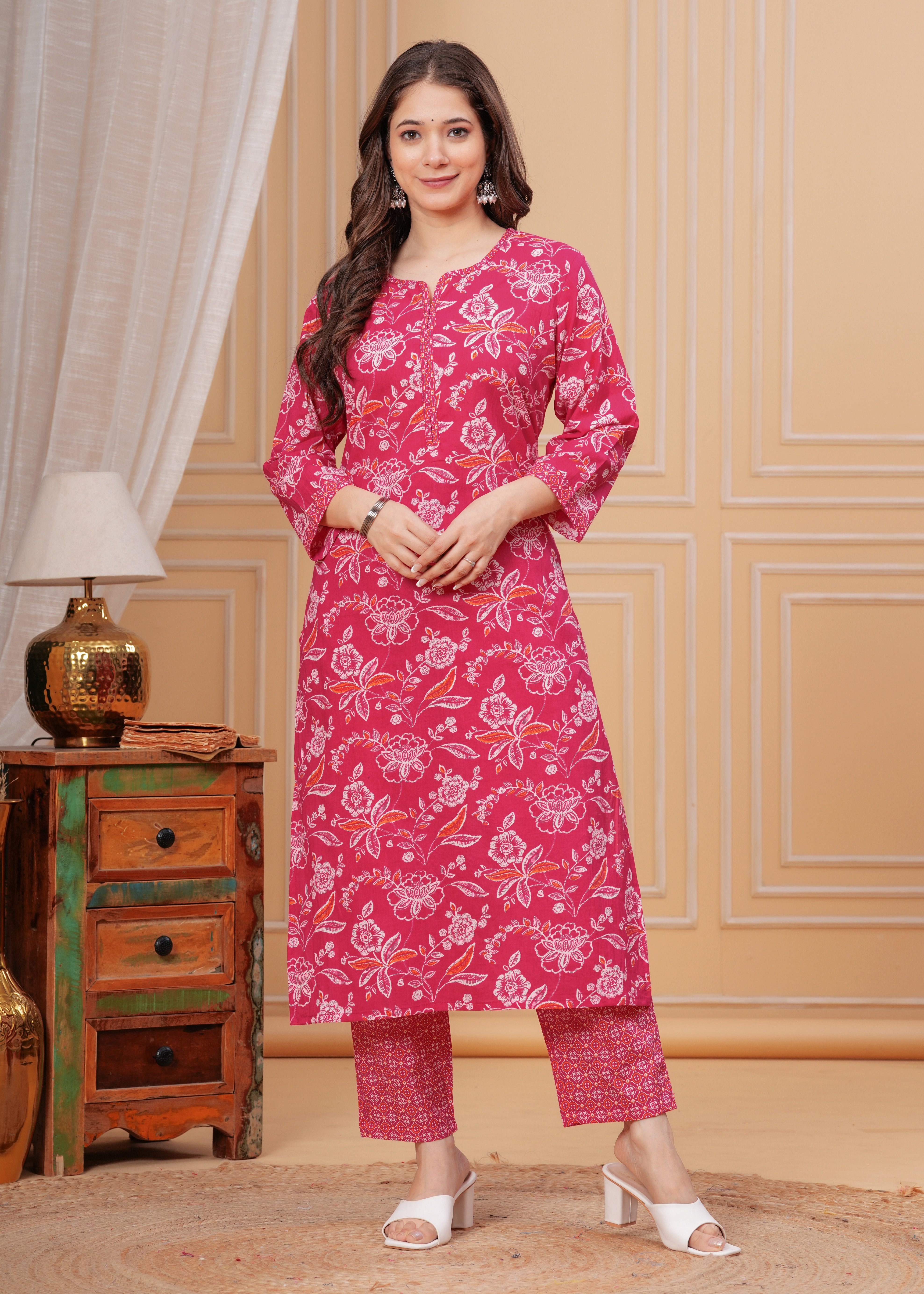 MEERA FAB Womens Pure Cotton Floral Printed Kurta with Palazzo & Dupatta