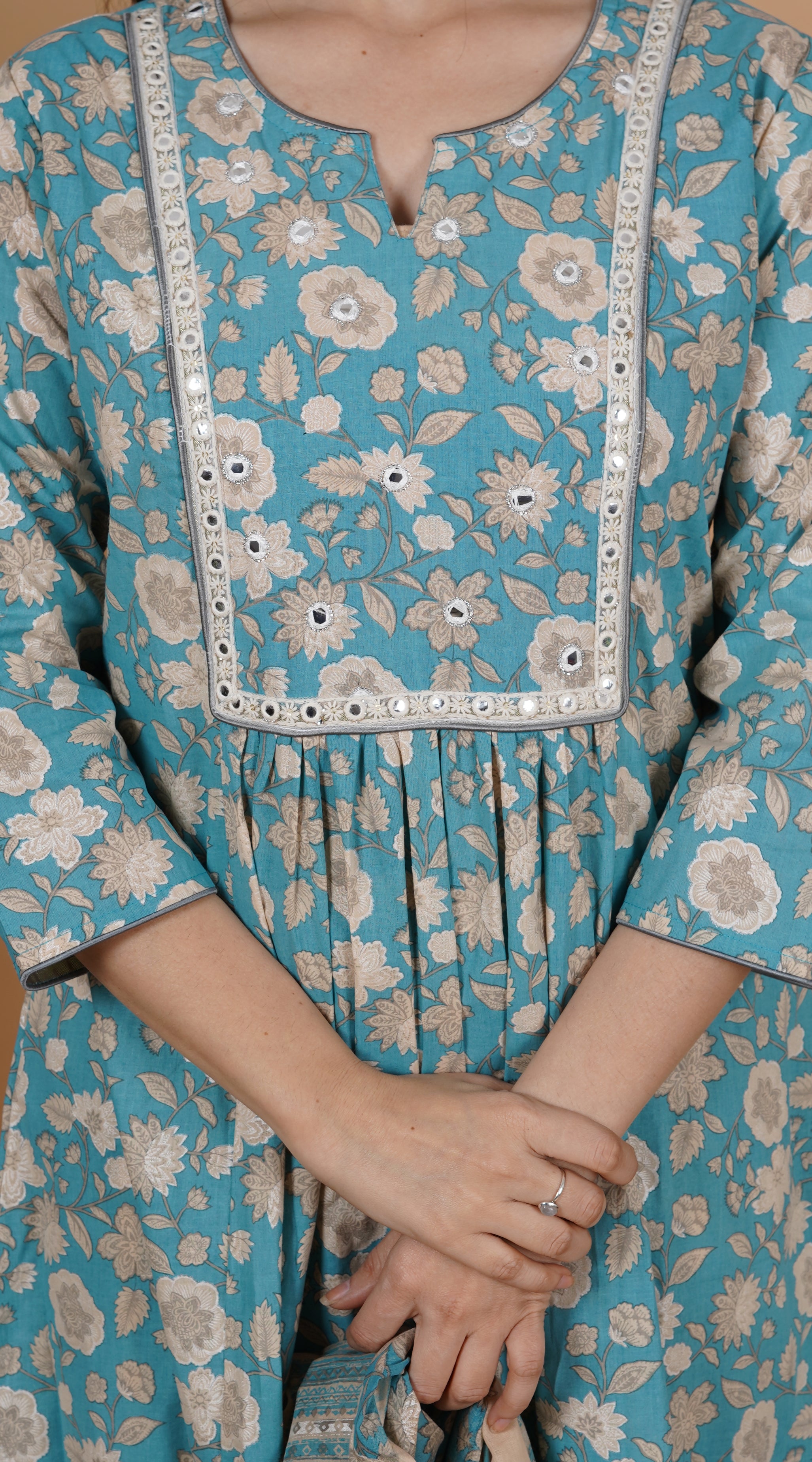 MEERA FAB Women's Cotton Printed Anarkali Kurta With Palazzo & Dupatta Set With Handwork