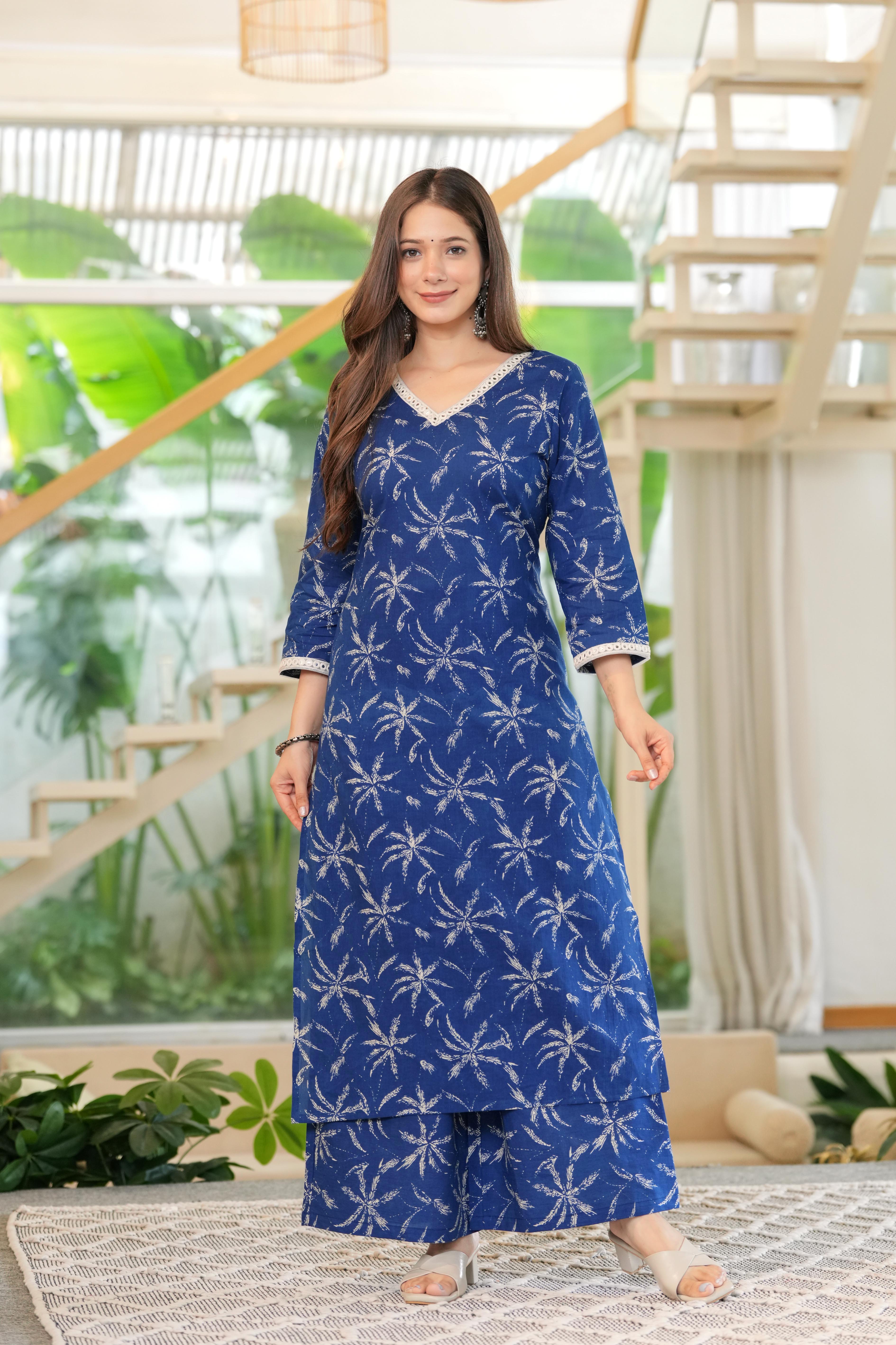 MEERA FAB Women Cotton Printed V-Neck Lace Kurta Palazzo Set