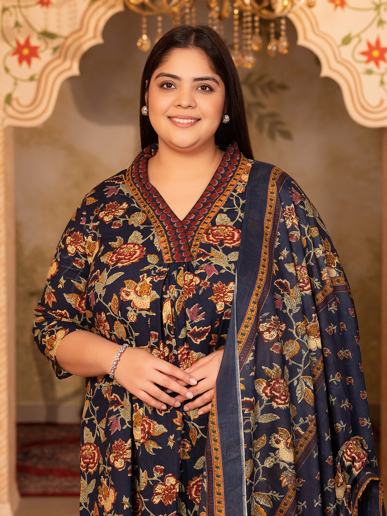 MEERA FAB Women's Cotton Blend V-Neck Plus Size Kurta Printed Kurta with Palazzo & Dupatta Set