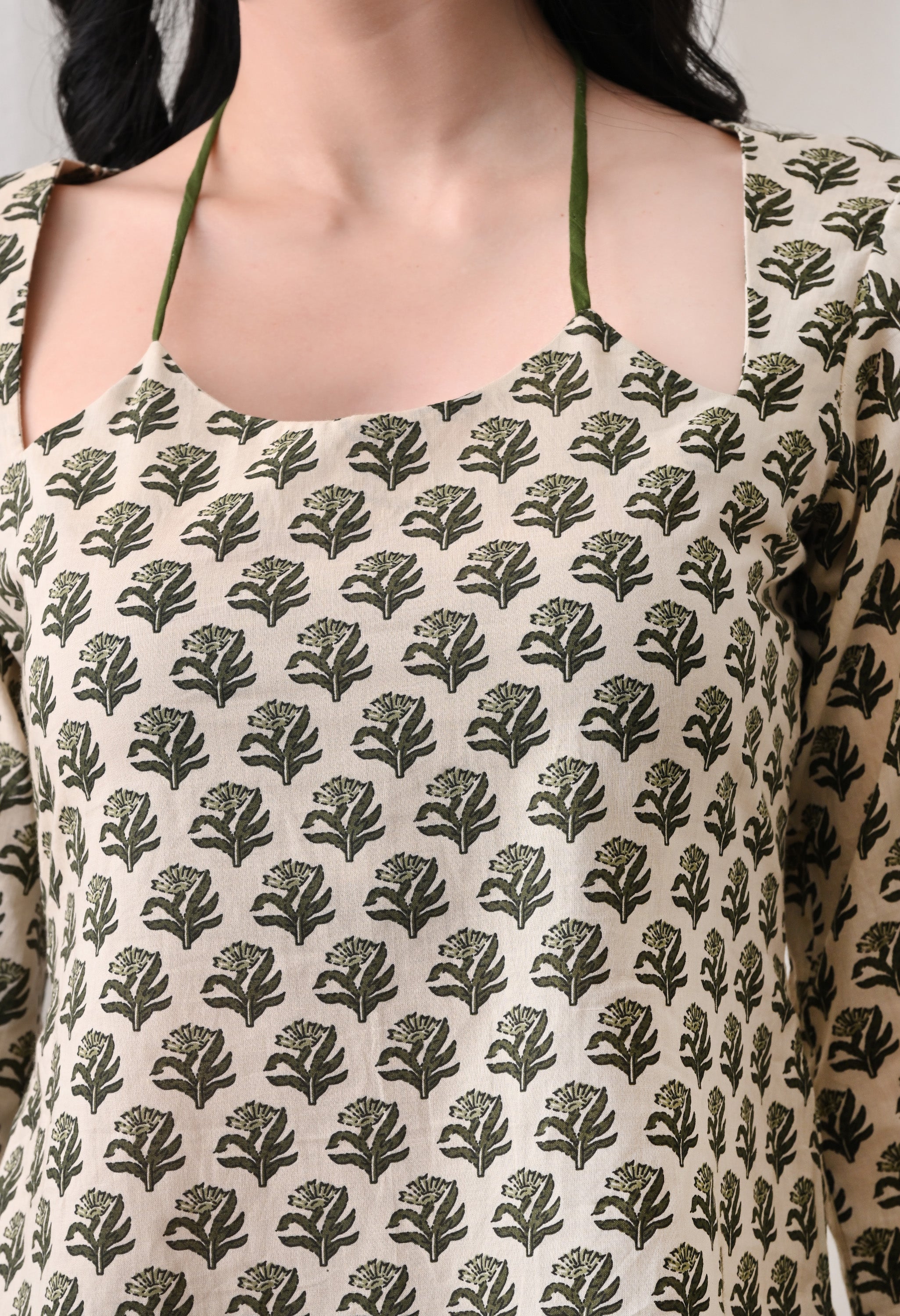 MEERA FAB Women Cotton Printed A-Line Tunic Top with Square Neck | Floral Printed Halter Strap Detail & Bell Sleeves | Short Kurti for Women