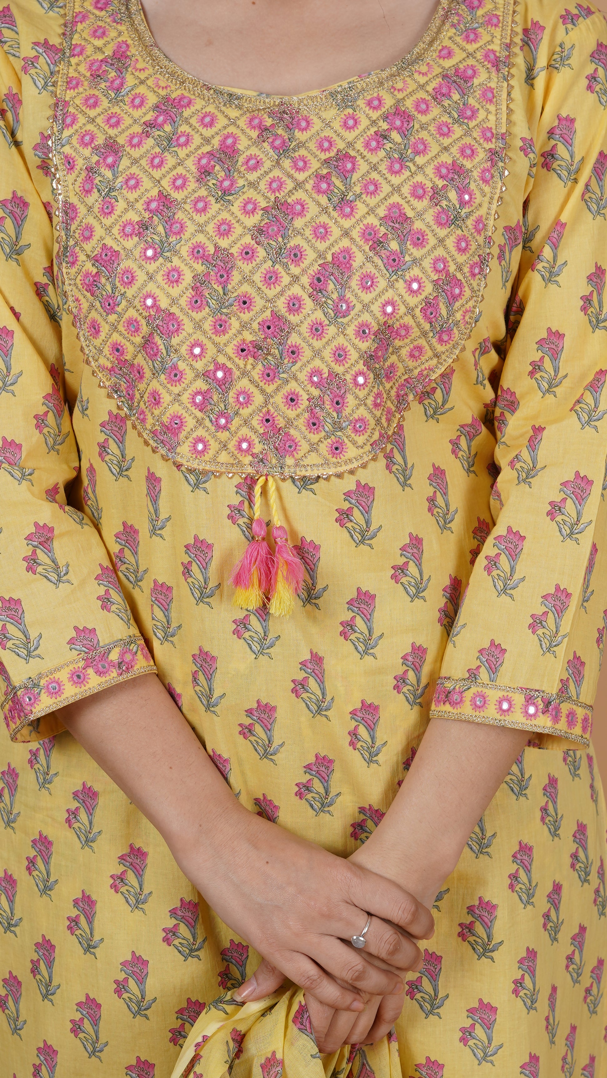 MEERA FAB Women's Cotton Printed Straight Embroidery Kurta with Palazzo & Dupatta Set