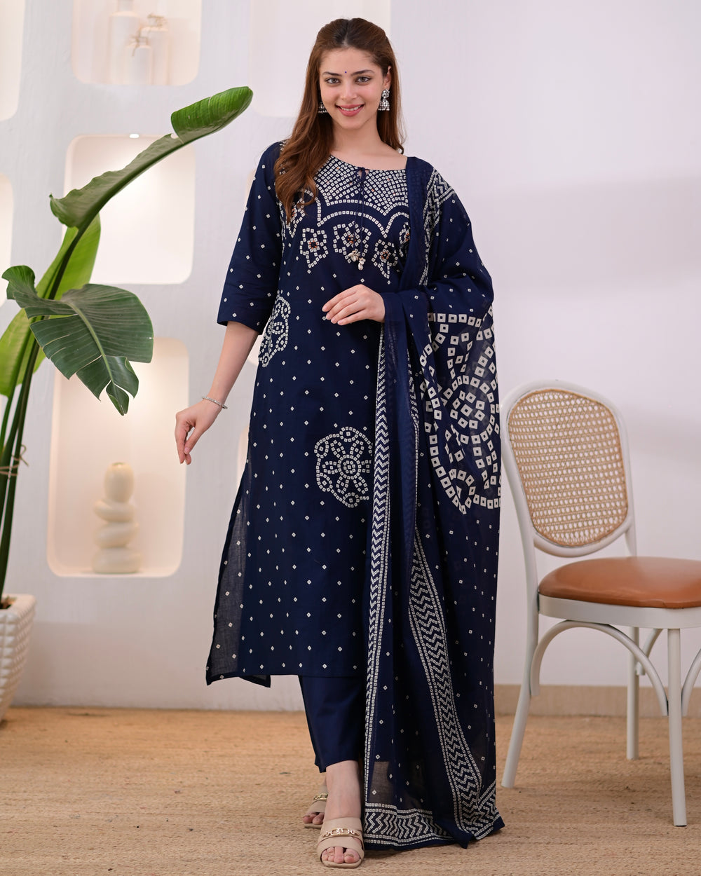 MEERA FAB Women's Pure Bandhej Cotton Straight Kurta Set with Palazzo Pants & Dupatta|Ethnic wear|Kurti Suit Set for Women