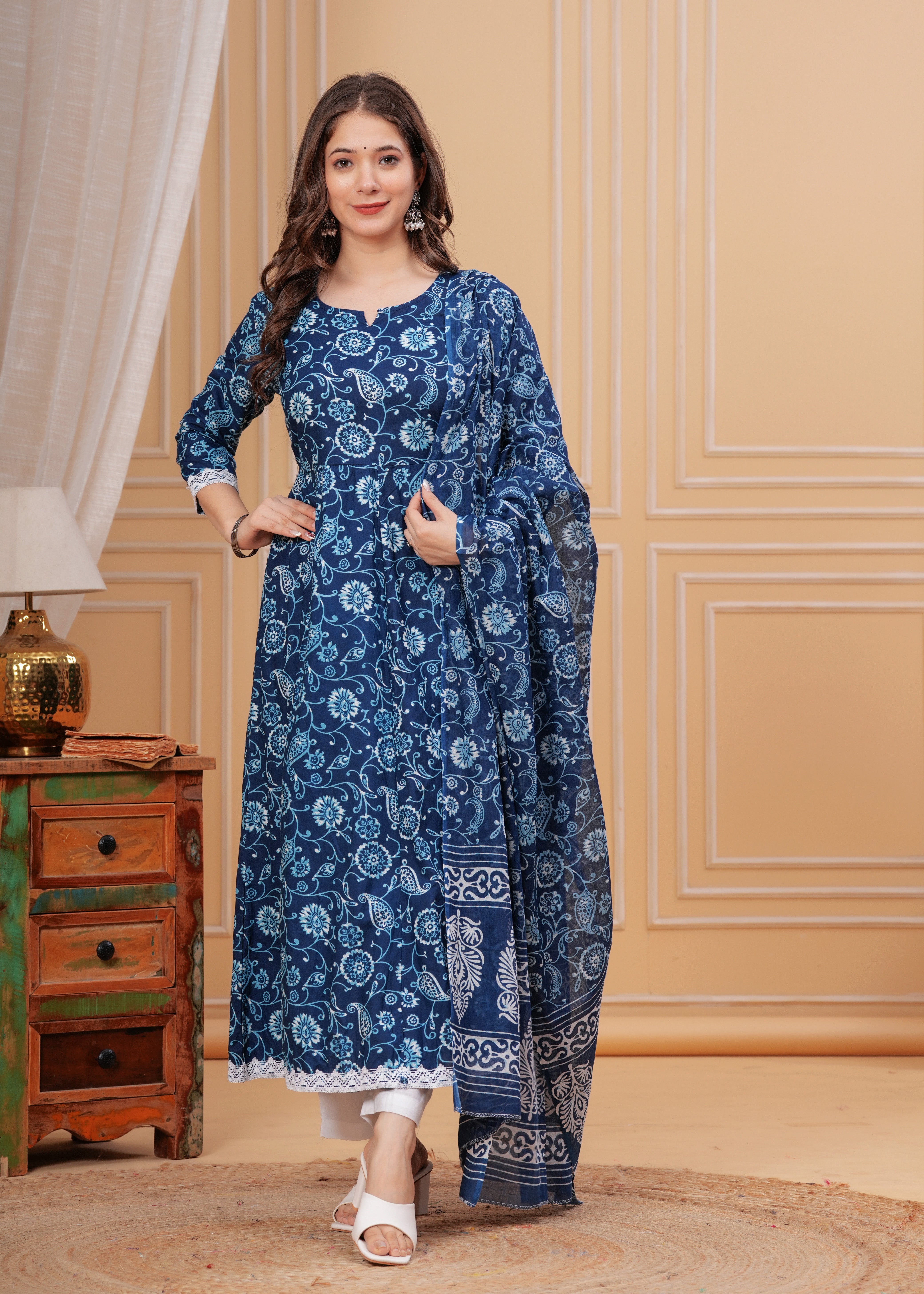 MEERA FAB Women's Cotton Printed Anarkali Kurta with Palazzo & Dupatta Set