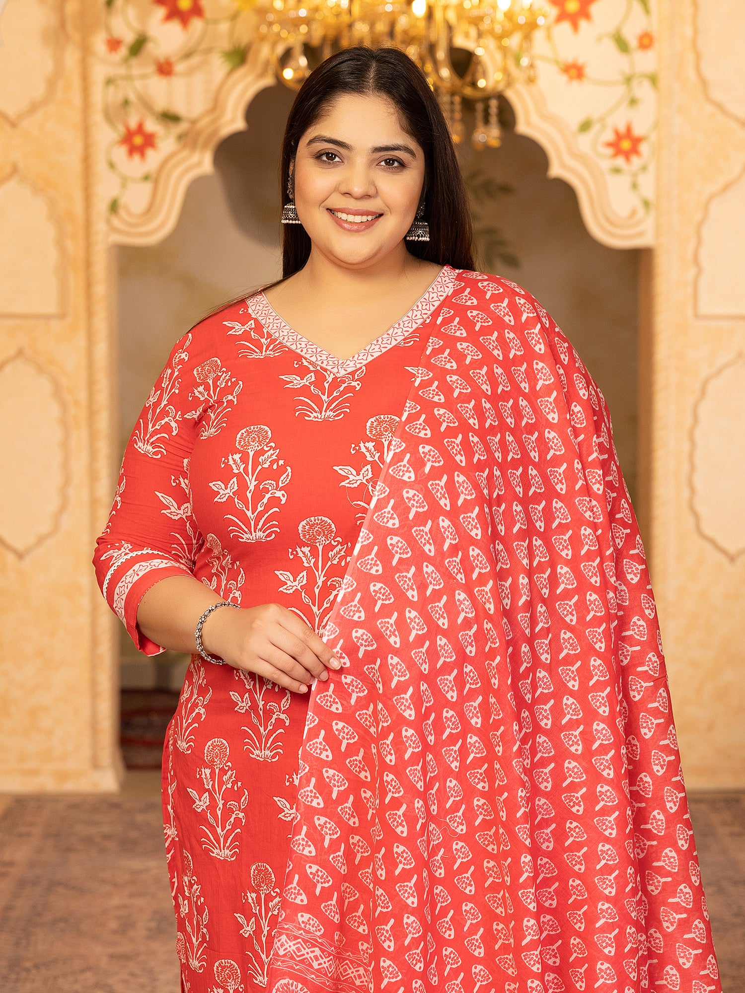 MEERA FAB Plus Size Women's Cotton Blend Straight Printed Kurta with Palazzo & Dupatta