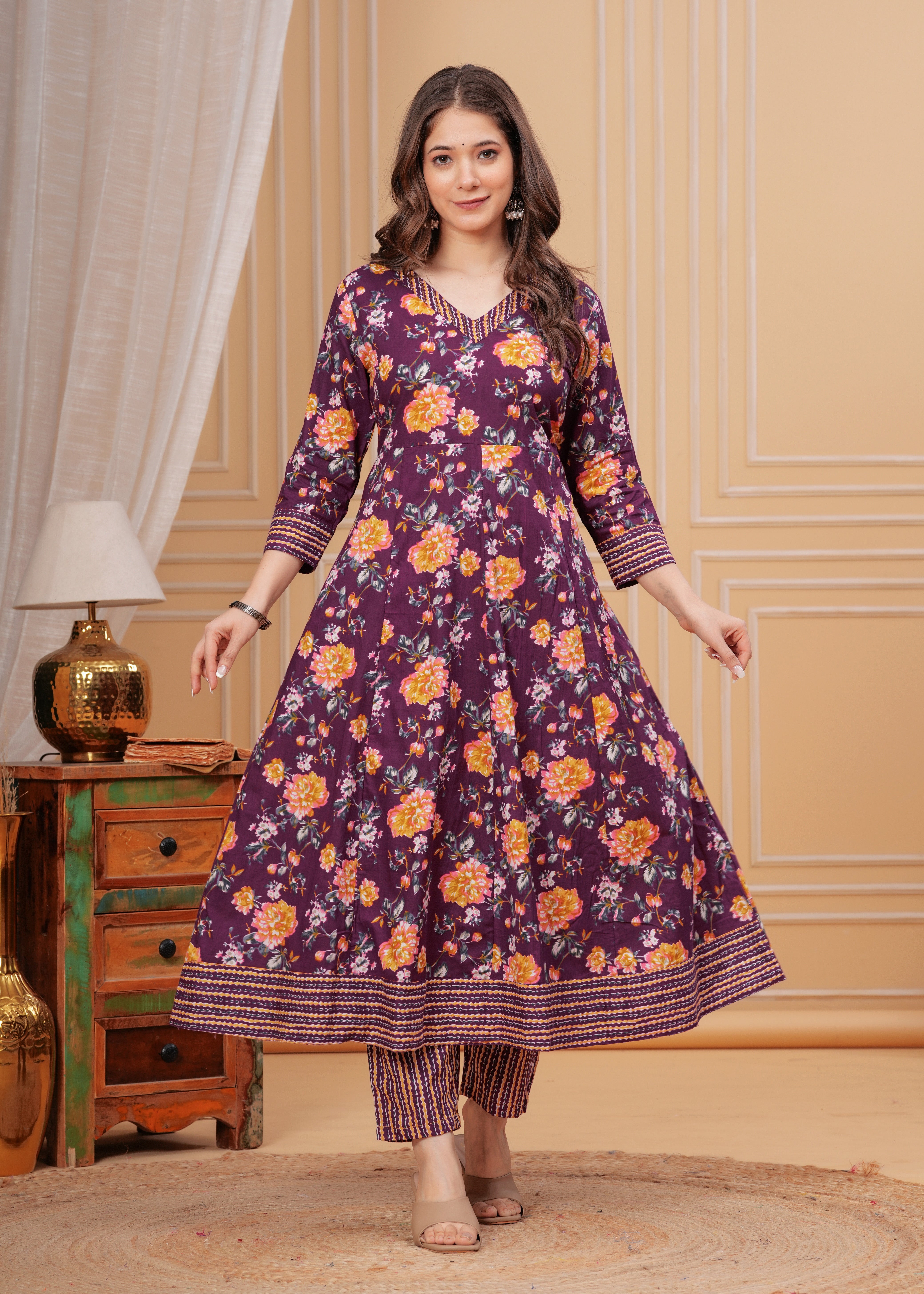 MEERA FAB Women's Pure Cotton V-Neck Anarkali Printed Kurta with Palazzo and Dupatta