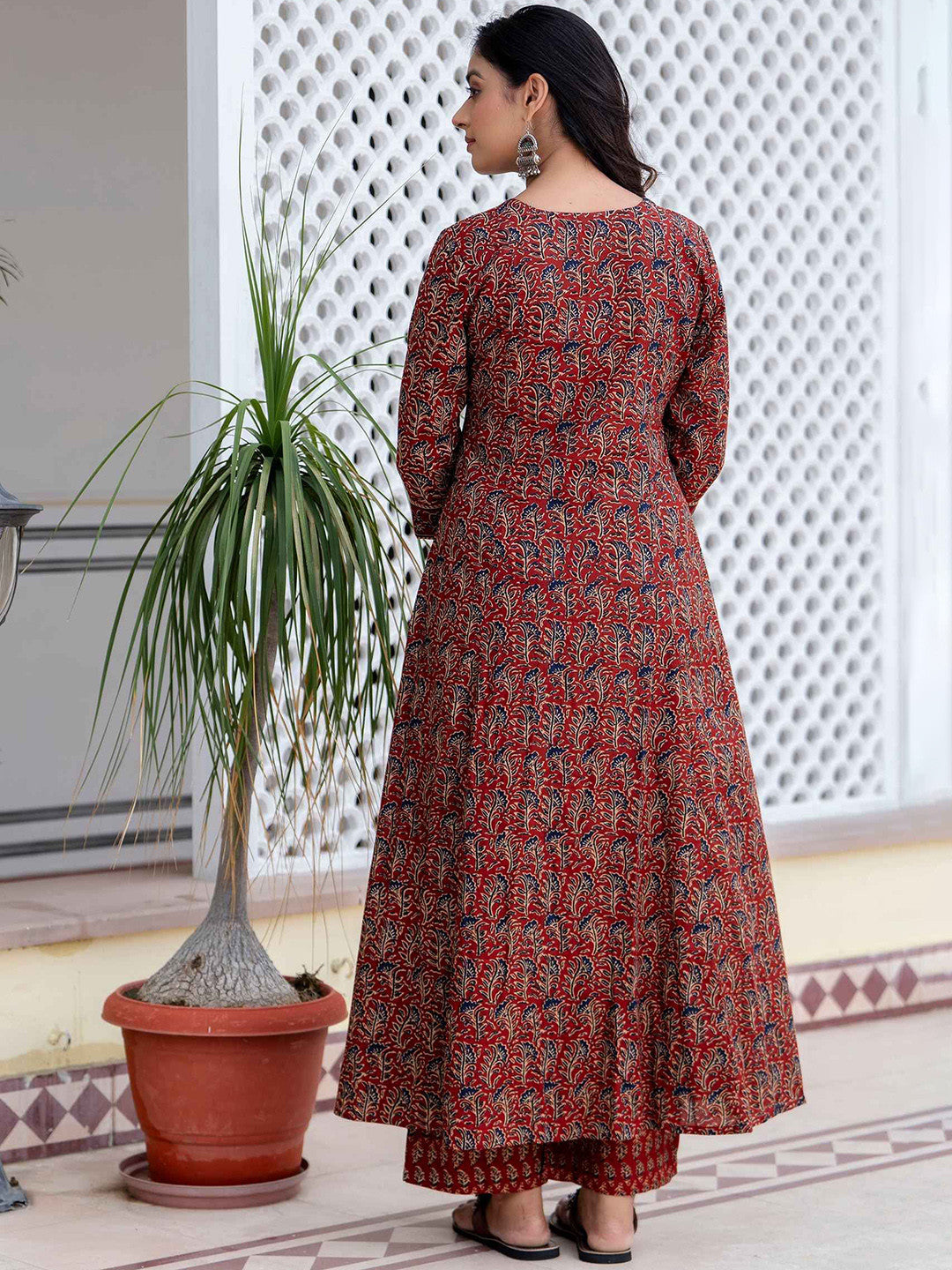 MEERA FAB Floral Printed Sequined Cotton Anarkali Kurta With Palazzos & Dupatta | Sanganeri Print