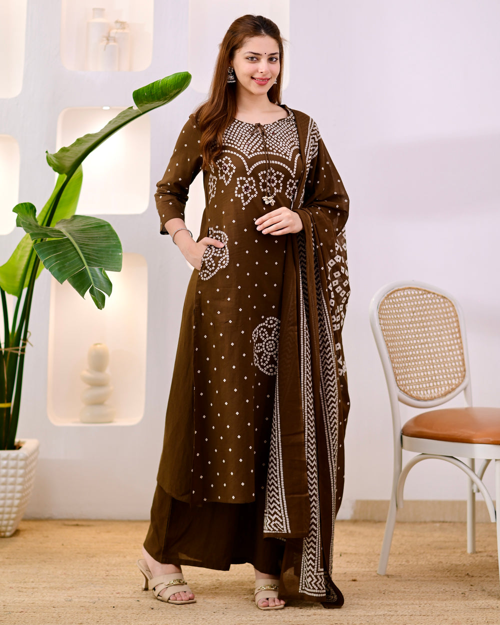 MEERA FAB Women's Pure Bandhej Cotton Straight Kurta Set with Palazzo Pants & Dupatta|Ethnic wear|Kurti Suit Set for Women