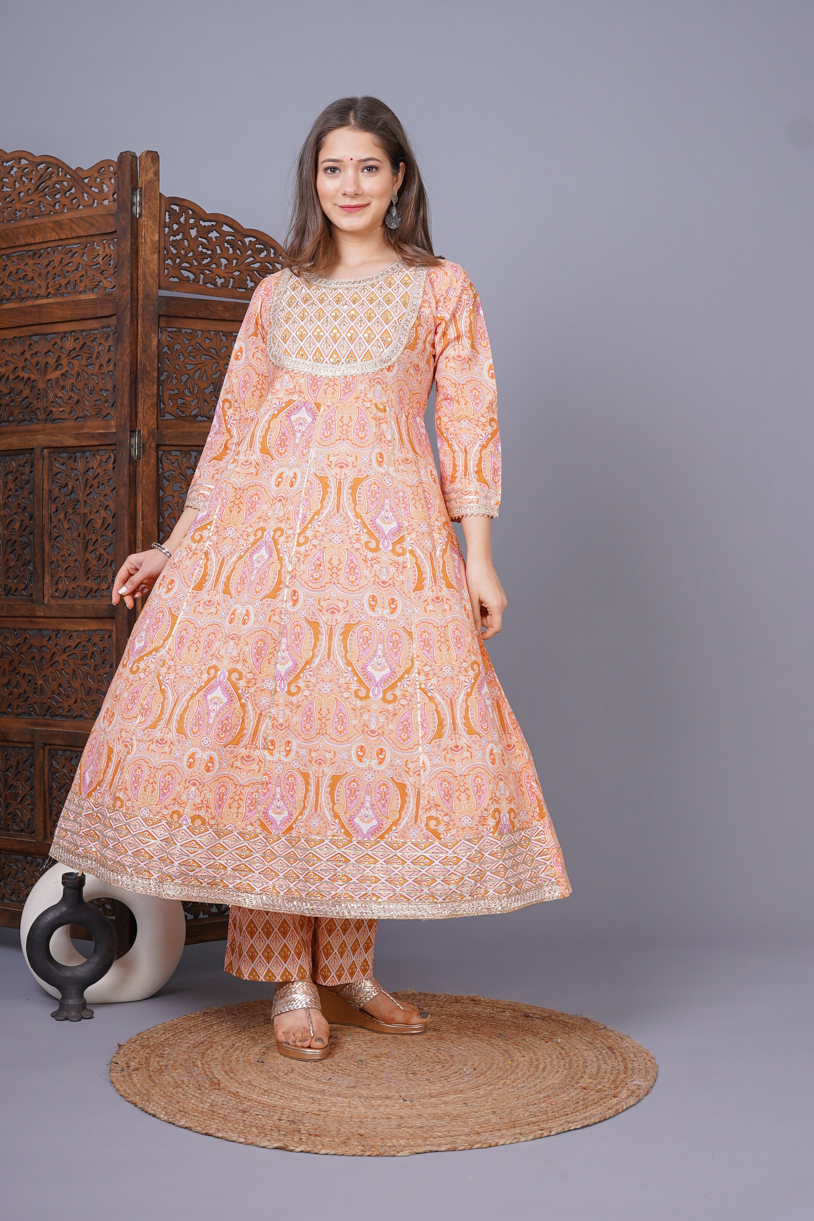 MEERA FAB Women's Cotton Printed Anarkali Kurta With Palazzo & Dupatta Set With Handwork