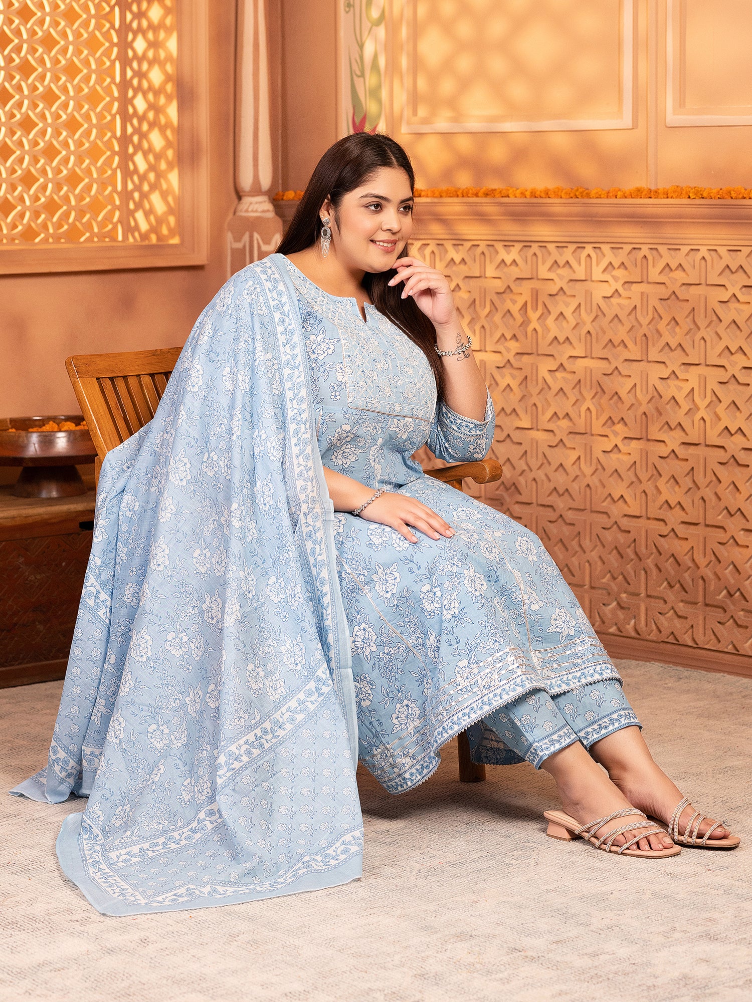 MEERA FAB Women's Pure Cotton Printed Anarkali Handwork Kurta with Palazzos & Dupatta