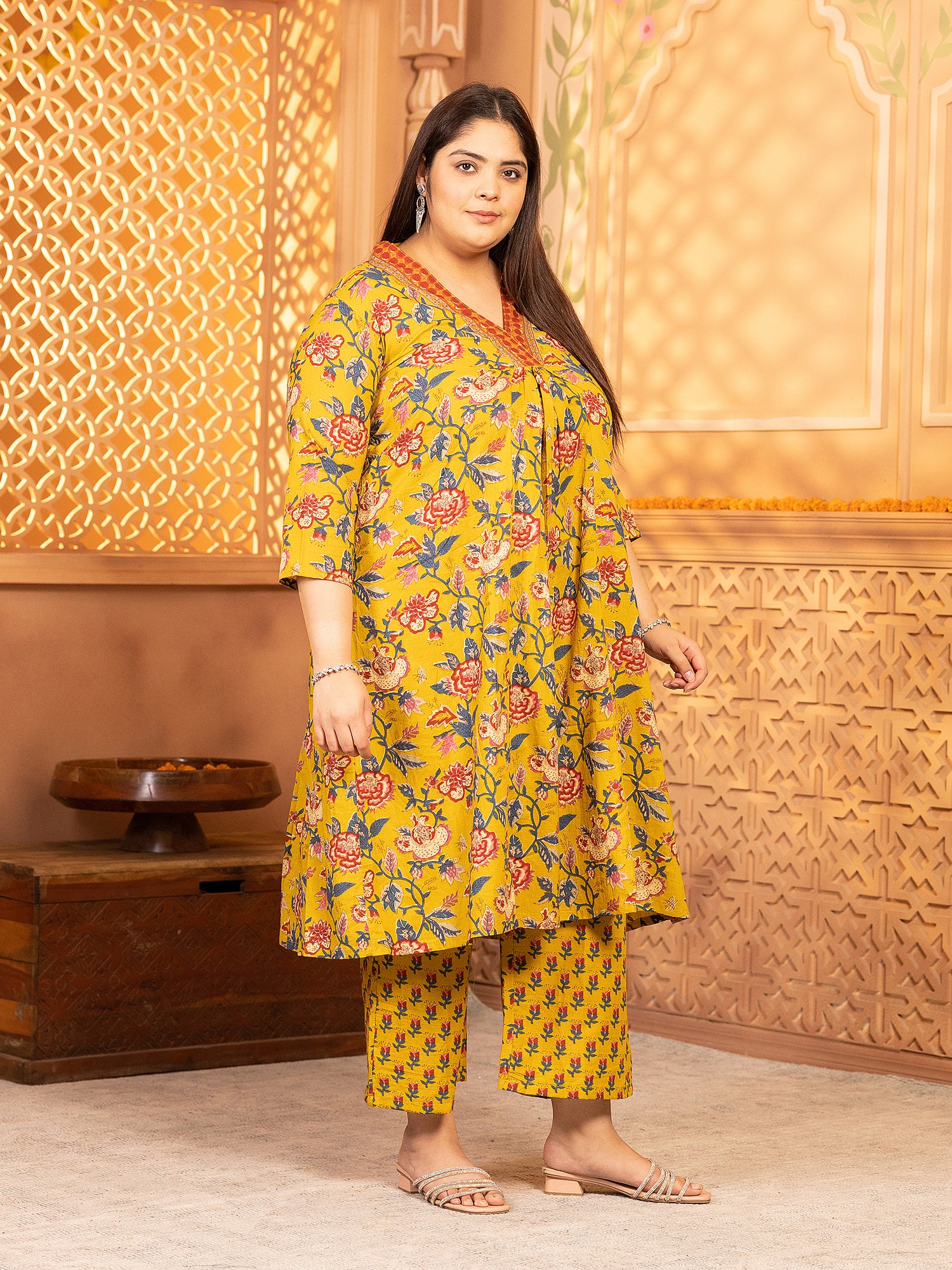 MEERA FAB Women's Cotton Blend V-Neck Plus Size Kurta Printed Kurta with Palazzo & Dupatta Set
