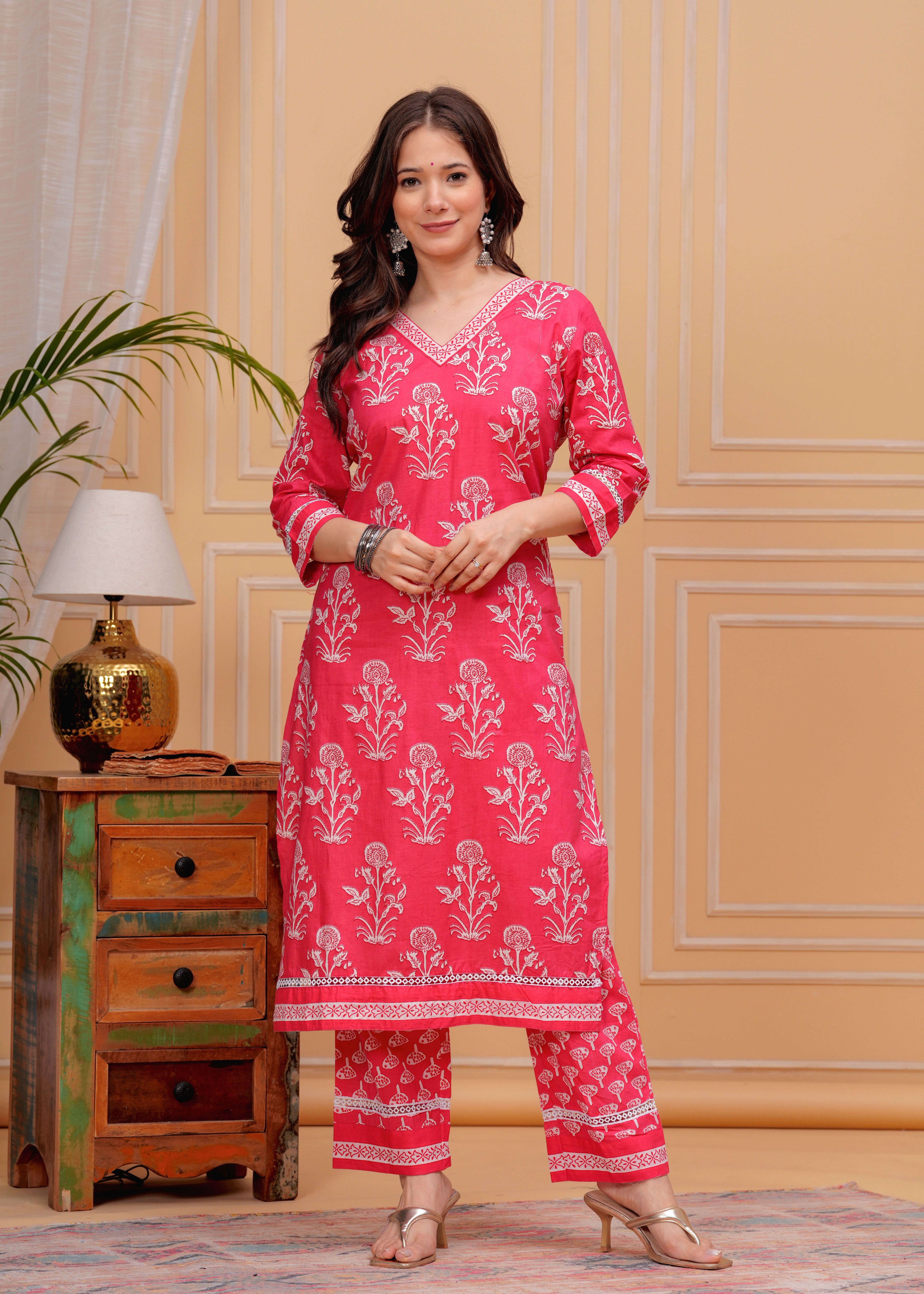 MEERA FAB Women's Cotton Blend Straight Printed Kurta with Palazzo & Dupatta