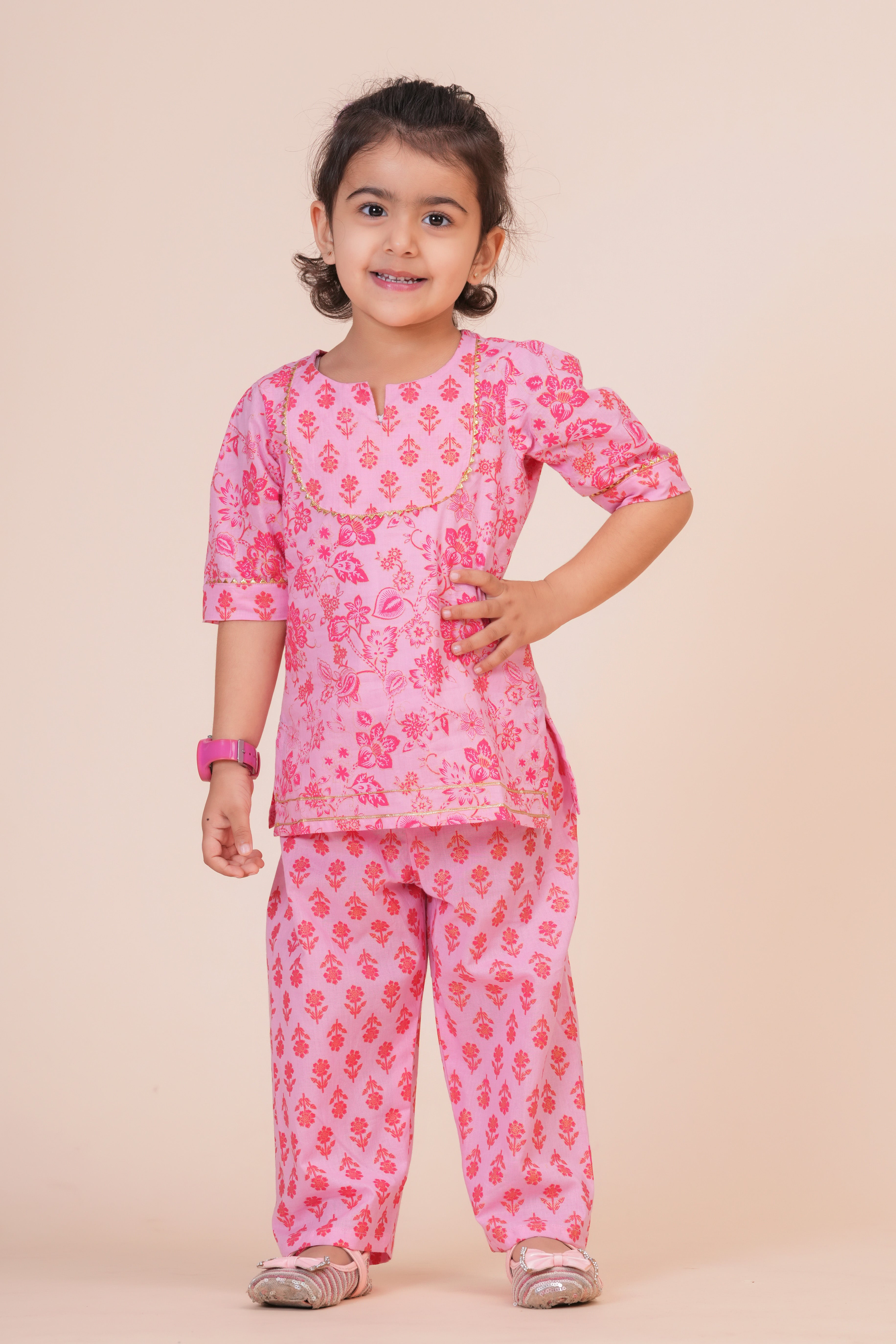 Girls Pure Cotton Top with Pant Set | Floral Printed Half Sleeve Top with Palazzo Pants | Soft Breathable Co-ord Outfit