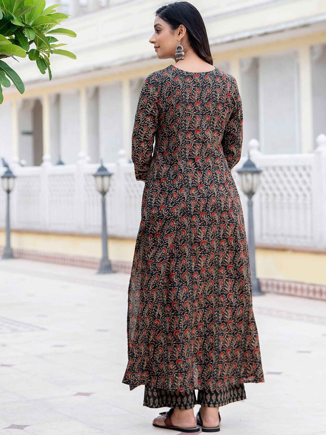 MEERA FAB Floral Printed Sequined Cotton Anarkali Kurta With Palazzos & Dupatta | Sanganeri Print