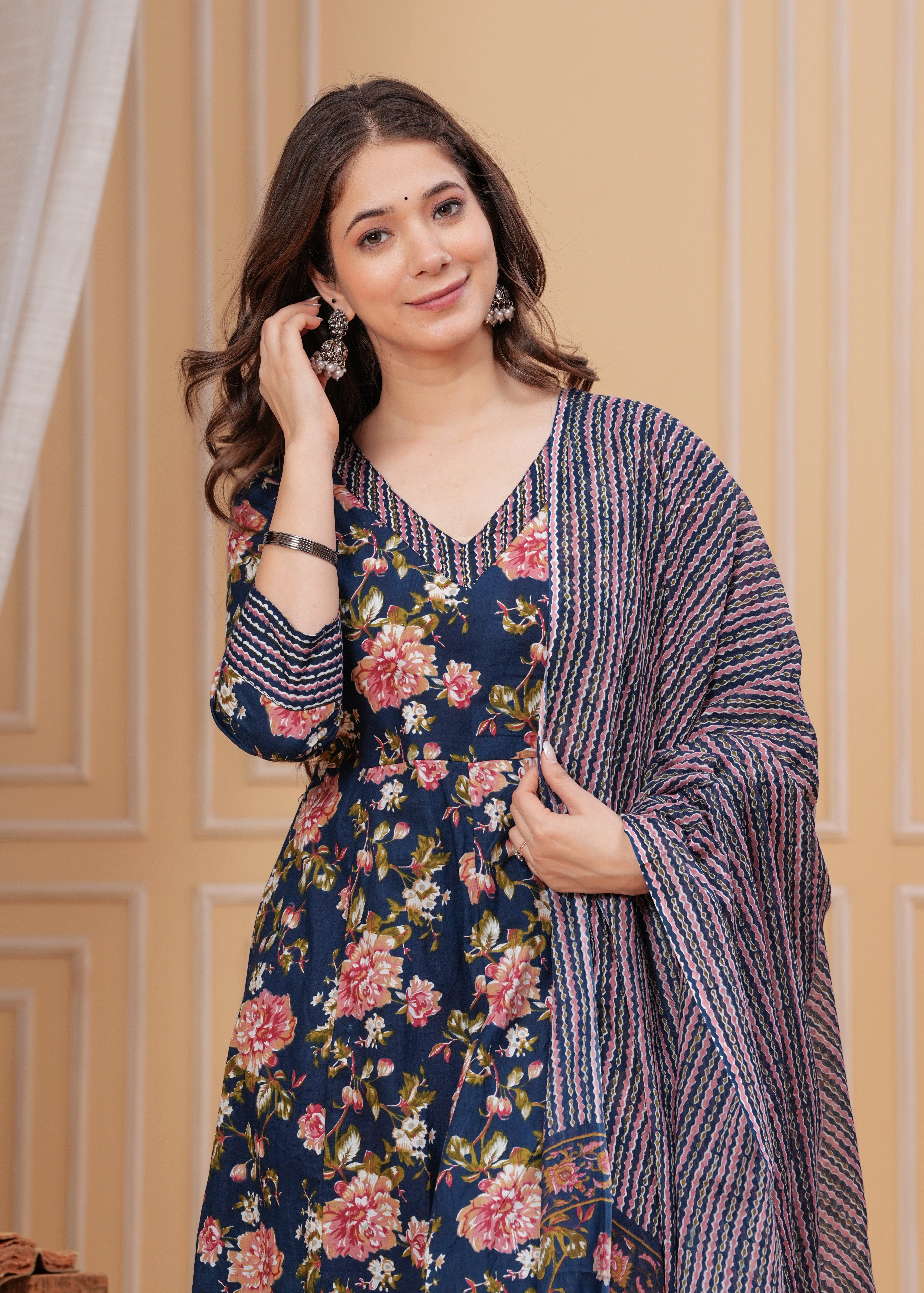 MEERA FAB Women's Pure Cotton V-Neck Anarkali Printed Kurta with Palazzo and Dupatta