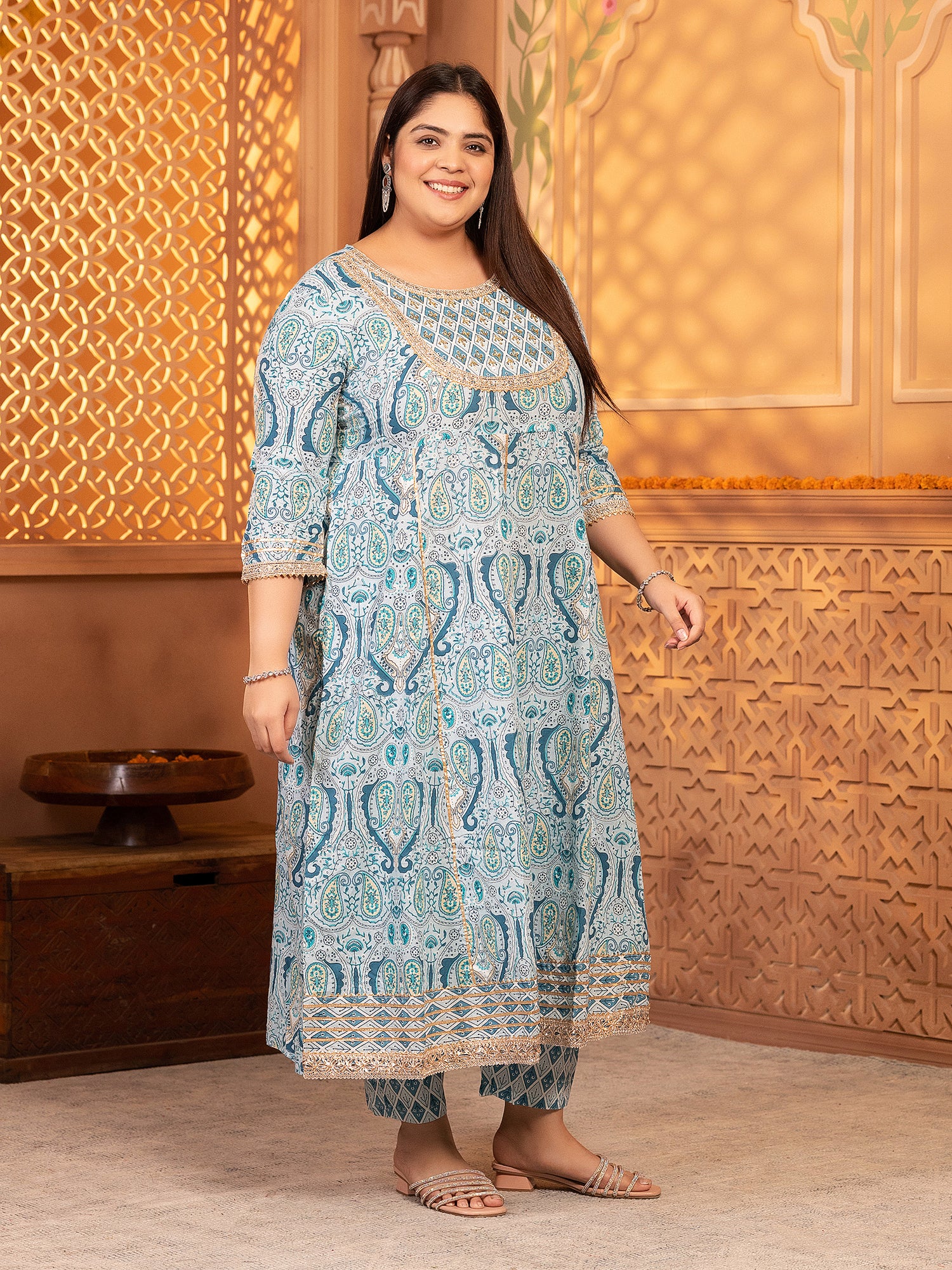 MEERA FAB Women's Pure Cotton Printed Anarkali Handwork Kurta with Palazzos & Dupatta