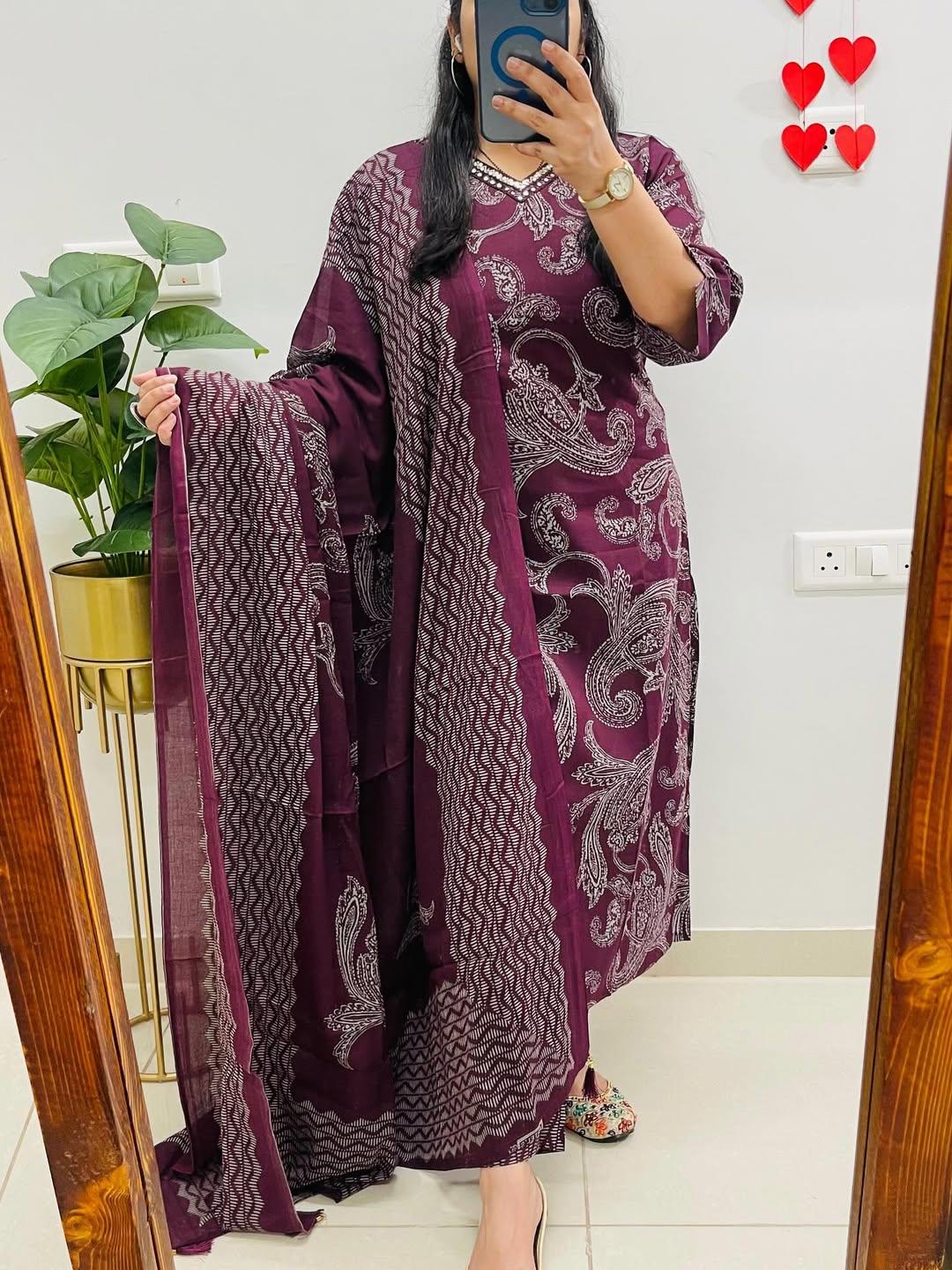 MEERA FAB Women Floral Printed Panelled Sequinned Pure Cotton Anarkali V-Neck Kurta with Trousers & Dupatta