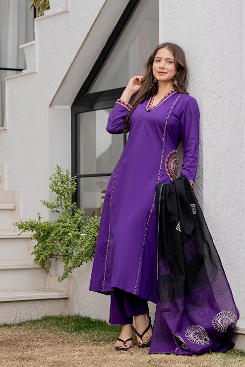 MEERA FAB Women Floral Printed Pure Cotton Straight V-Neck Kurta with Palazzos & Dupatta