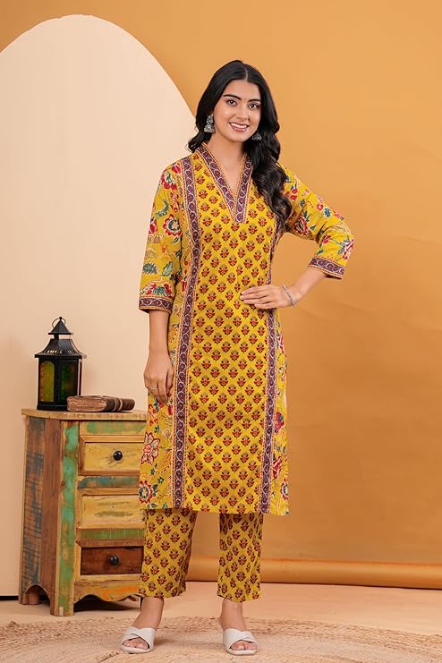 MEERA FAB Women's Cotton Blend Straight Printed Kurta with Palazzo & Dupatta