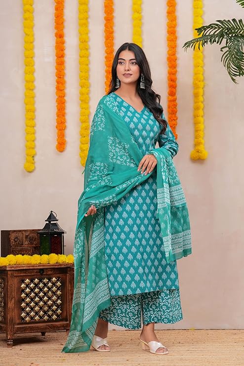 MEERA FAB Women Floral Printed Pure Cotton Anarkali V-Neck Kurta with Trousers & Dupatta